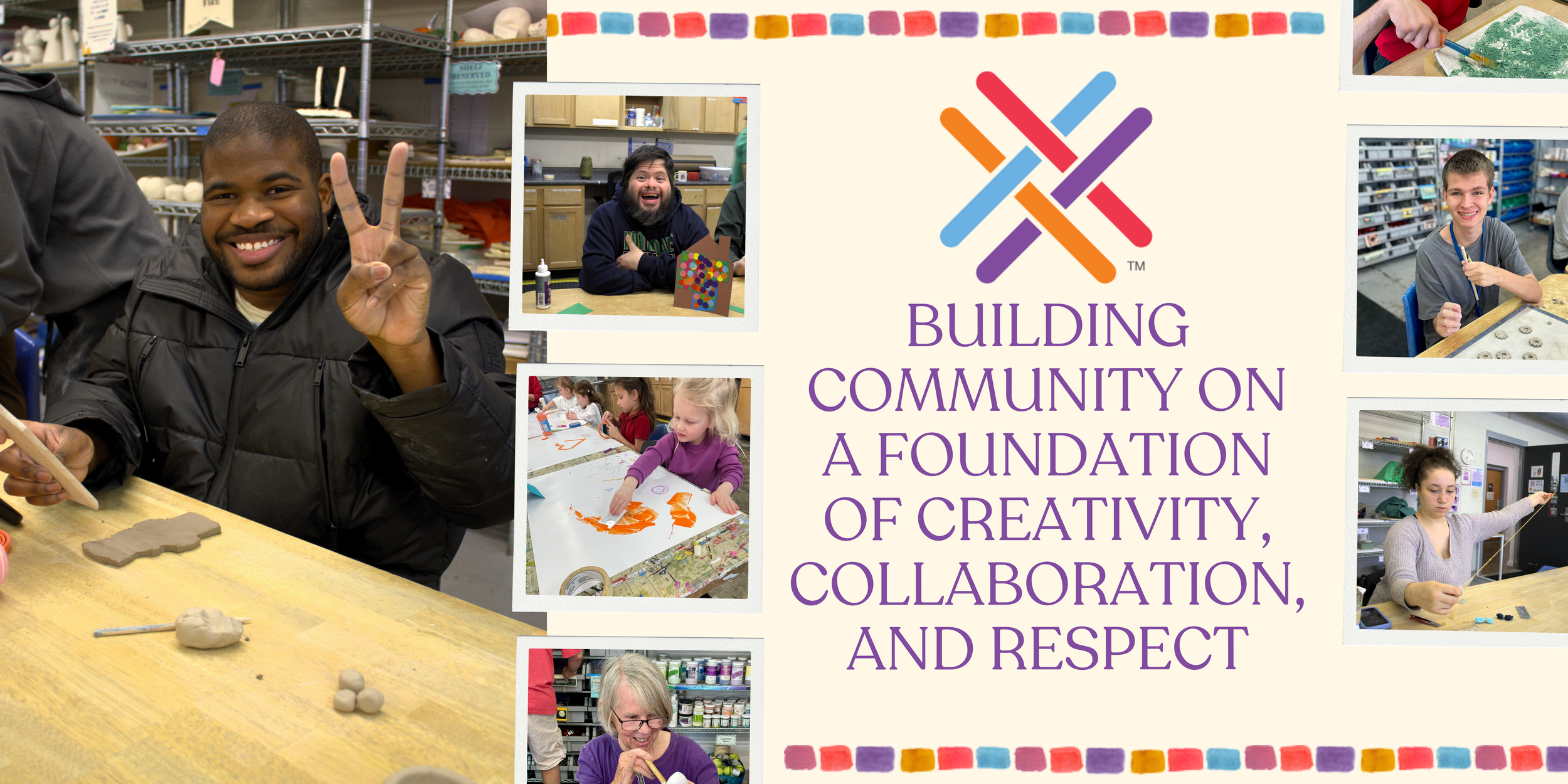 A website banner showing artists from different ArtMix programs in the studios alongside their logo and a phrase that says "building community on a foundation of creativity, collaboration and respect"