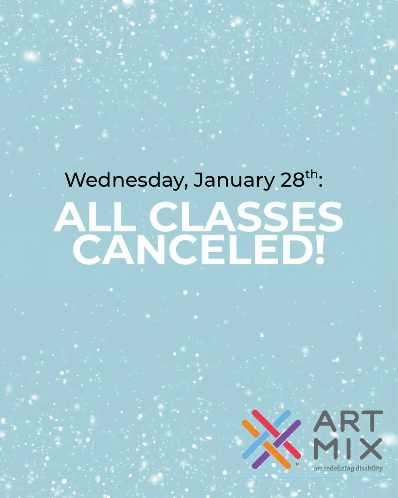 ArtMix will remain closed Wednesday, January 28th 📣

All on-site programming will remain closed on 1/28. We hope to open back up on Thursday but will monitor weather conditions and update everyone! 

We miss our people, but safety comes first! 🫶🏼