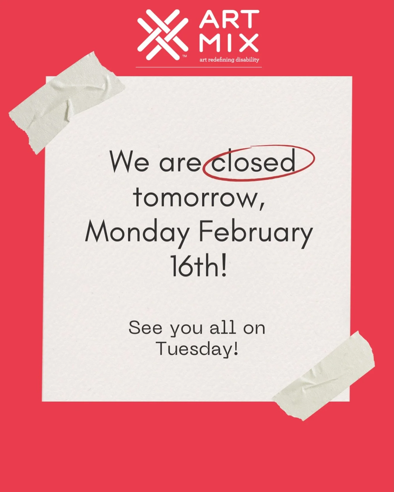 ArtMix is closed on President&rsquo;s Day‼️

All on-site programming and the ArtMix gallery will be closed on Monday, February 16th for President&rsquo;s Day! 

We will open on our normal schedule Tuesday the 17th- see you then!