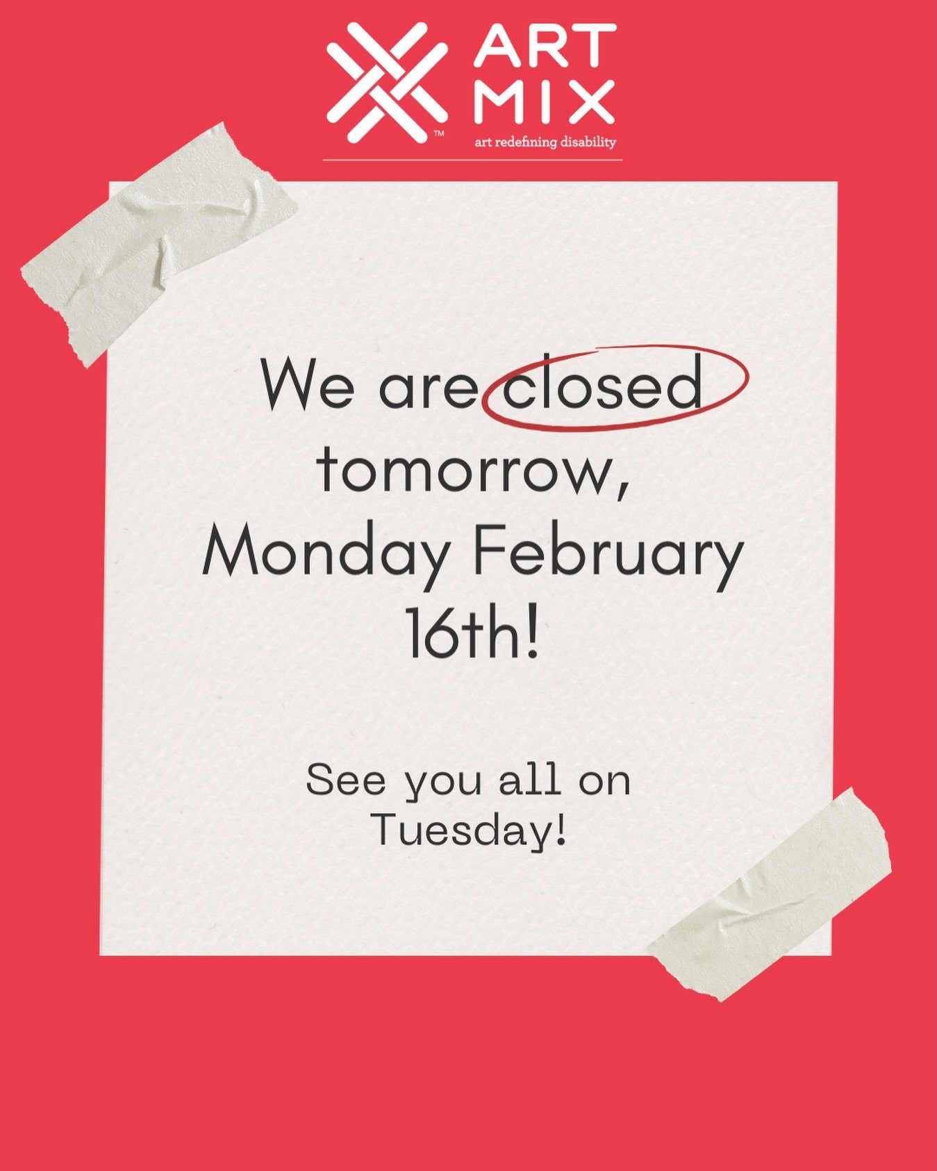 ArtMix is closed on President&rsquo;s Day‼️

All on-site programming and the ArtMix gallery will be closed on Monday, February 16th for President&rsquo;s Day! 

We will open on our normal schedule Tuesday the 17th- see you then!