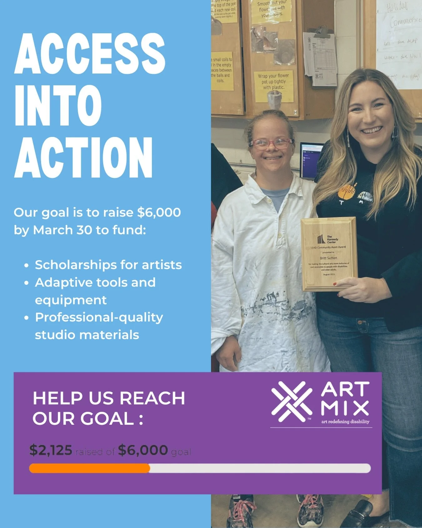 ‼️Almost halfway there‼️

Thank you for helping us turn access into action 💜

With one week left, help us reach our goal by donating or sharing! 

#AccessibleArt #ArtMixIndy #DDAM #Fundraiser #ArtForAll