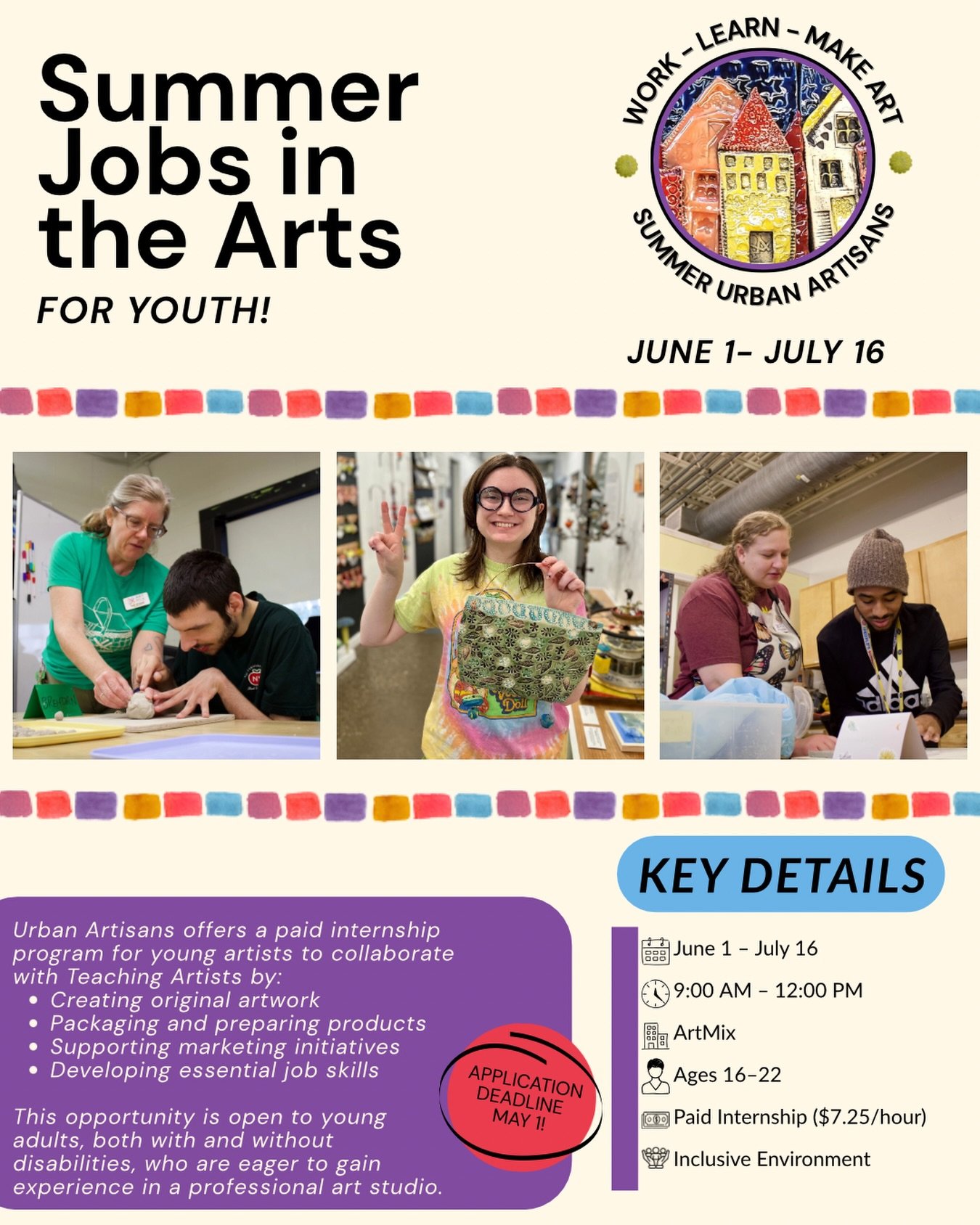 Summer Urban Artisans applications are live! 📣

A chance to create, learn, and grow in a professional studio. 

Spots are limited- apply by May 1st! 

Link to apply in bio and online 🔗