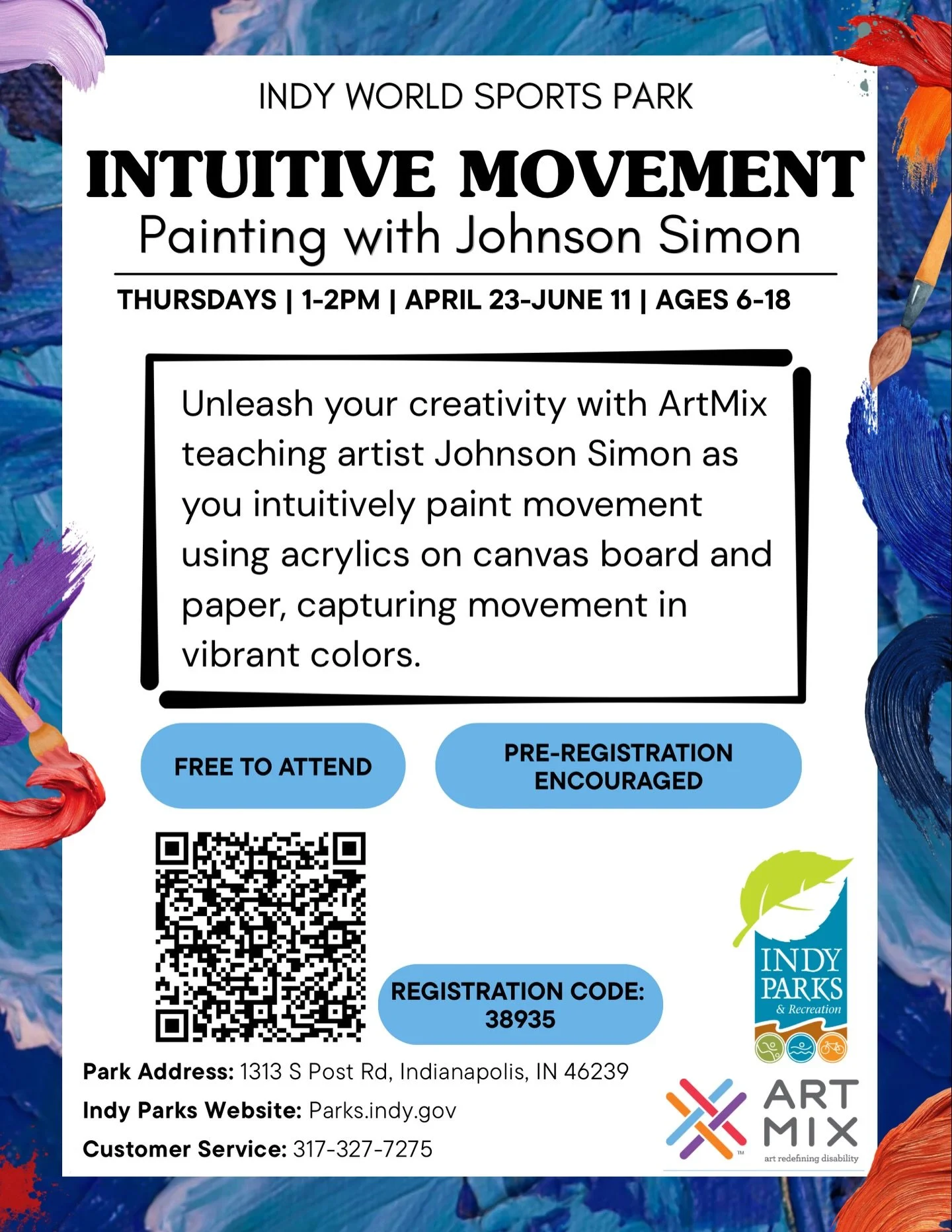 Come paint with the one and only @artbyjohnsonsimon this spring! 🎨🖌️

This free 8-week class, open to ages 6-18, will explore painting with movement. Registration is free, live now, and can be found in our bio! 

#ArtMixIndy #IndyParks #PaintingCla