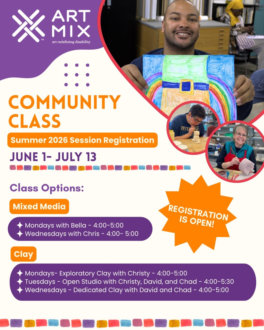 Summer Community Class Registration is OPEN! ‼️

Summer Session runs from the week of June 1- July 18. Spots fill up quickly, so sign up today to secure yours!

Use the link in our bio or visit our Community Class webpage to register! 🔗

#ArtMixIndy