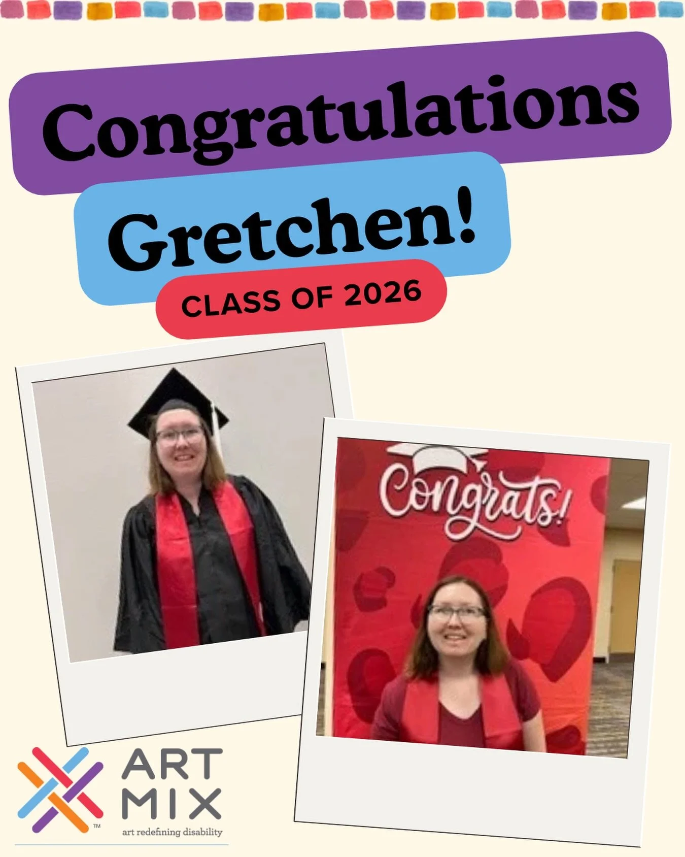 Congratulations Gretchen! 🎉🎓

Gretchen served as our intern this past semester and graduated from IU Indianapolis last week- we are so proud of you! 👏🏼

Gretchen will be returning to ArtMix for our Summer Urban Artisans program and we are so glad