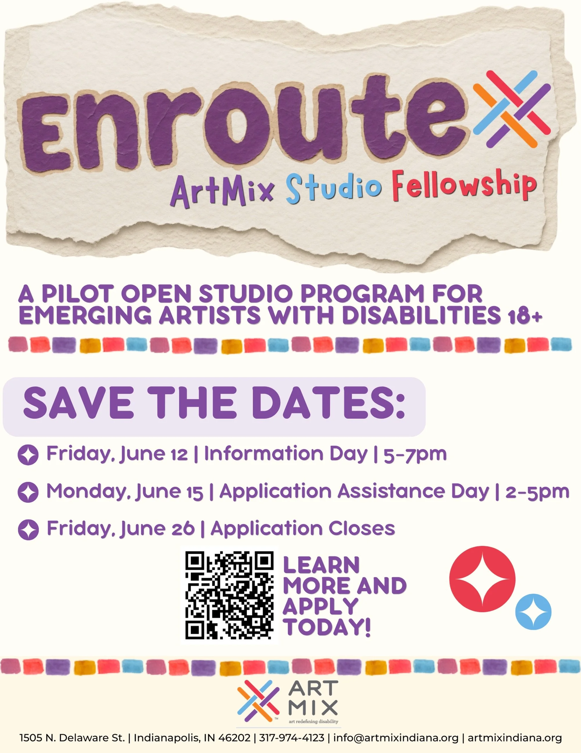 ‼️ Save the Dates ‼️

For those interested in Enroute, please save these dates! The June 26 application deadline is quickly approaching! 

Both the informational day and application assistance day will be located at ArtMix studios: 1505 N Delaware St