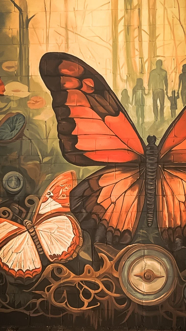 Street art mural featuring large orange and black butterfly, smaller orange and white butterfly, silhouettes of people holding hands, and abstract swirling patterns in a warm color palette.