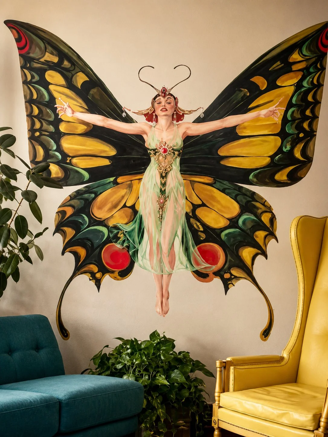Figurative interior mural featuring a woman with large butterfly wings in black, gold, green, and red, integrated into a colorful residential sitting area.