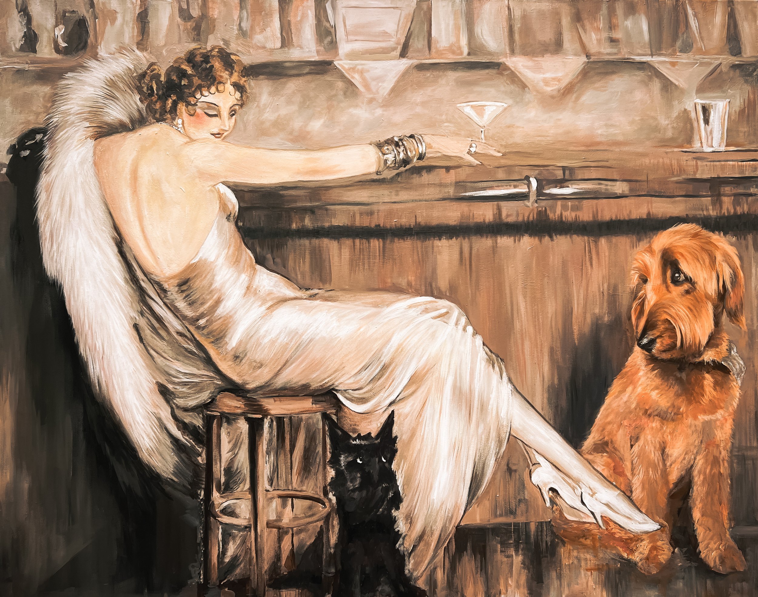 Painted bar scene featuring a woman in an elegant white dress seated beside a black cat and large dog.