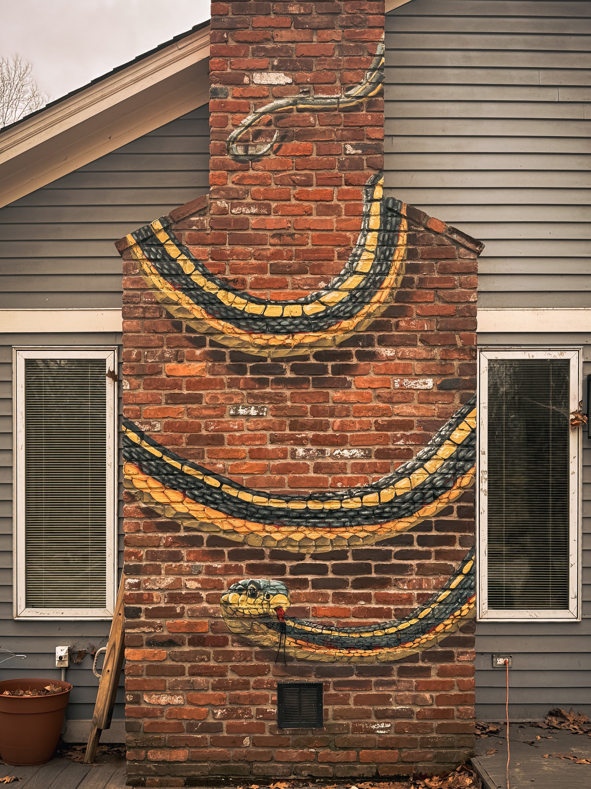 Snake Exterior Brick Mural
Exterior mural of a large snake winding across an existing brick chimney, using the masonry and architectural structure as part of the composition.