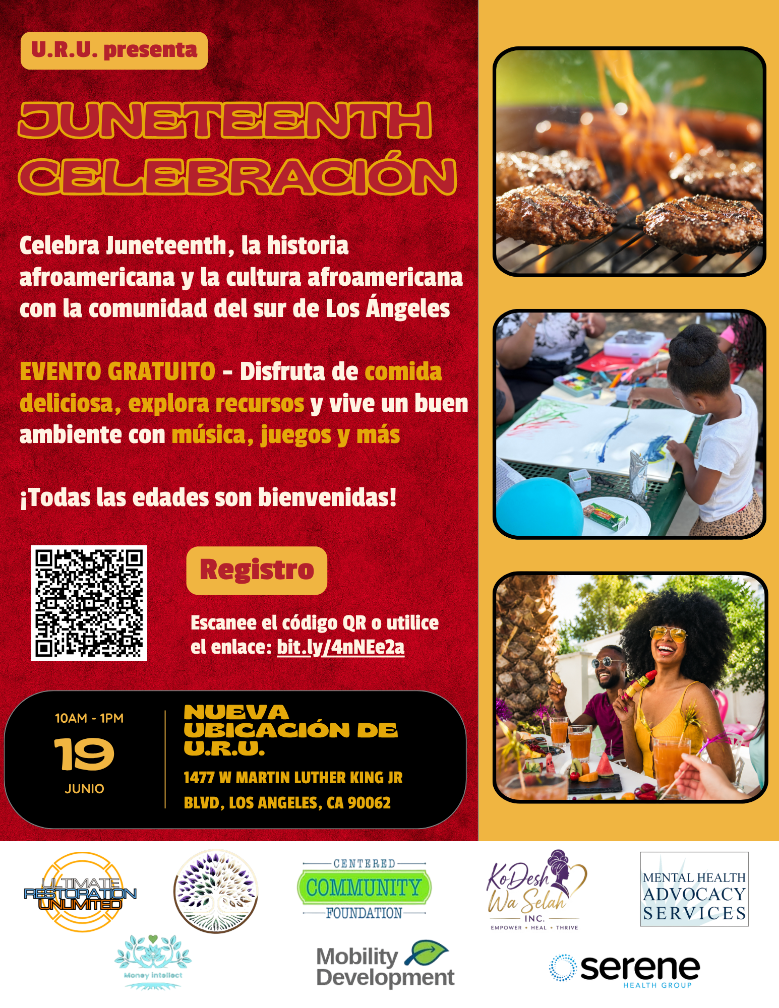 ¡Acompáñanos el 19 de junio, de 10 a. m. a 1 p. m., para celebrar el Juneteenth: una conmemoración de la historia, la cultura y la libertad de la comunidad de los afroamericanos! ❤️💛💚

Este evento GRATUITO está dirigido a personas de todas las edad
