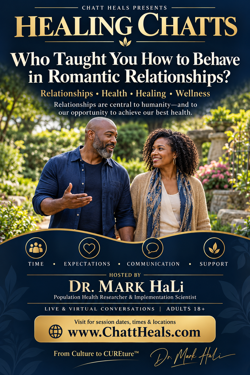 Healing Chatts flyer: Who Taught You How to Behave in Romantic Relationships? A conversation about relationships, health, healing, and wellness with Dr. Mark HaLi. Adults 18+.
