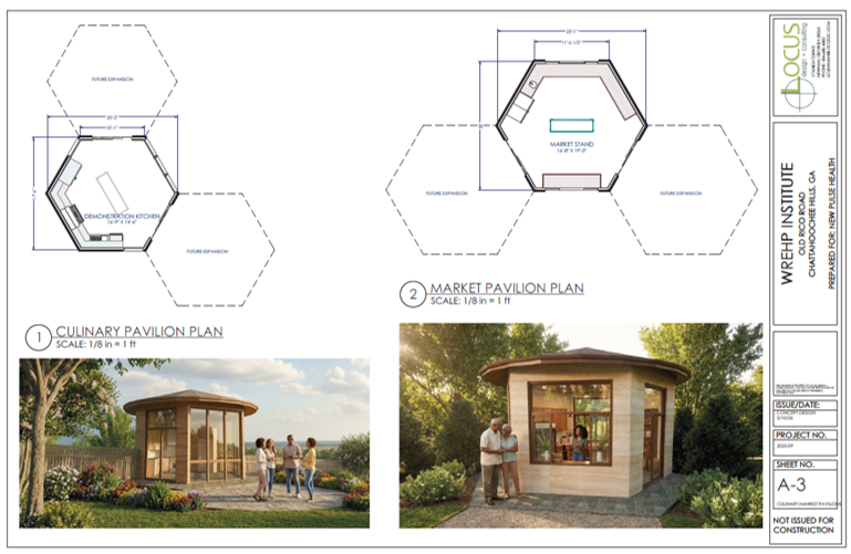 Architectural plans for culinary and market pavilions with perspective renderings, showing a round, wooden pavilion with large glass windows and surrounding landscaping.