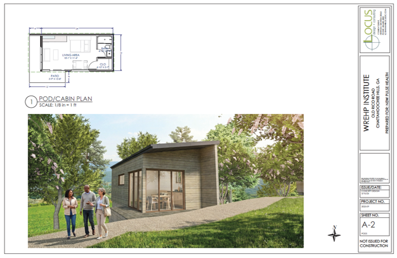 Architectural rendering of a small modern pod or cabin with large front windows, situated in a green outdoor setting with three people walking nearby, code and design plans in the top left corner.