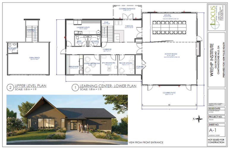 Architectural blueprint of a building with labels for various rooms including laundry, conference room, and activity room, and an exterior rendered view of the building's front entrance with landscaping.