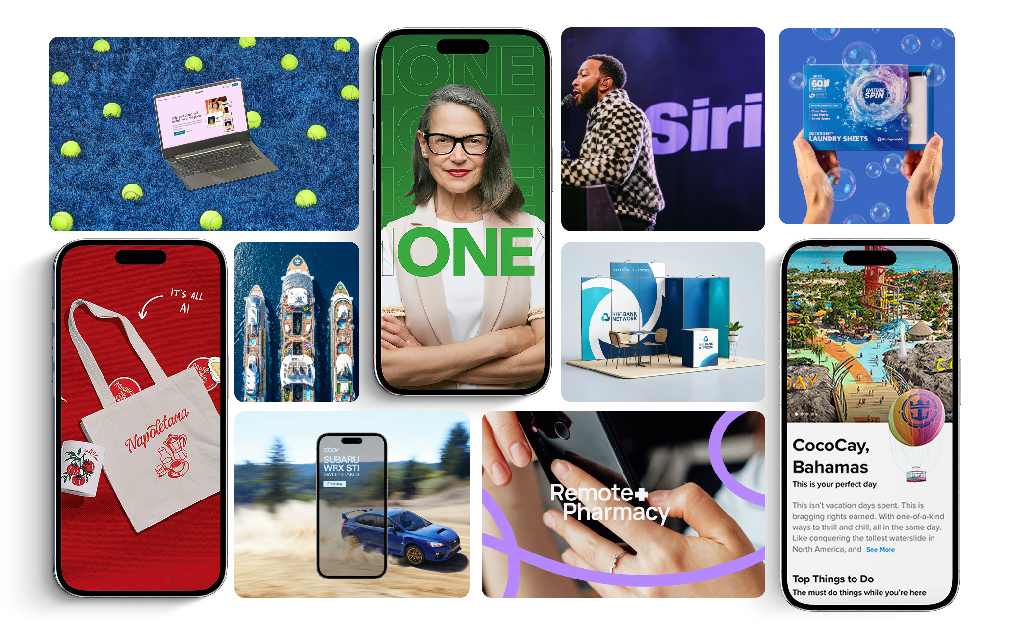 A collage of various digital screens and devices showcasing different apps and activities, including shopping, entertainment, travel, and virtual meetings.