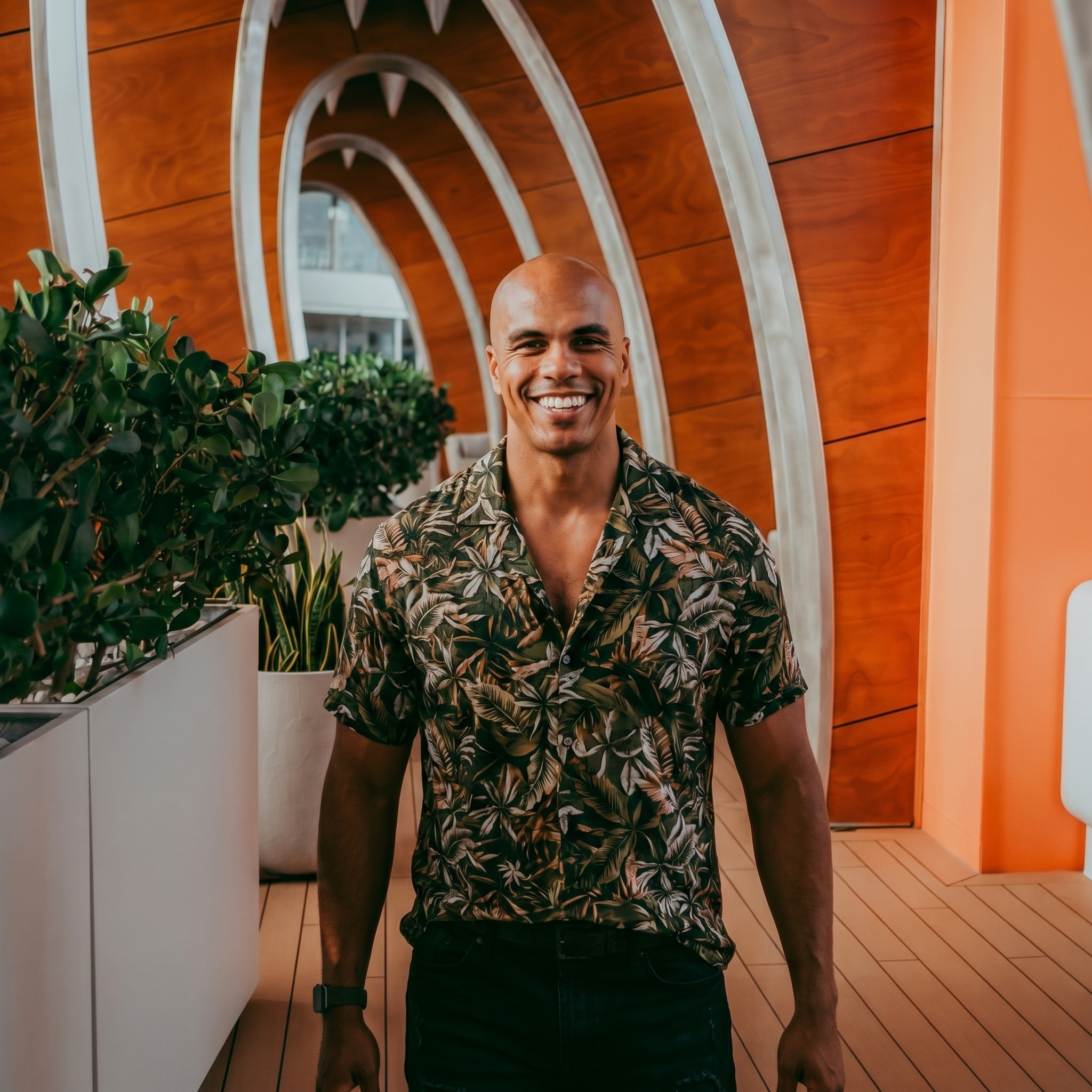 A man smiling and standing in front of a wooden wall with curved arches and surrounded by green plants.
