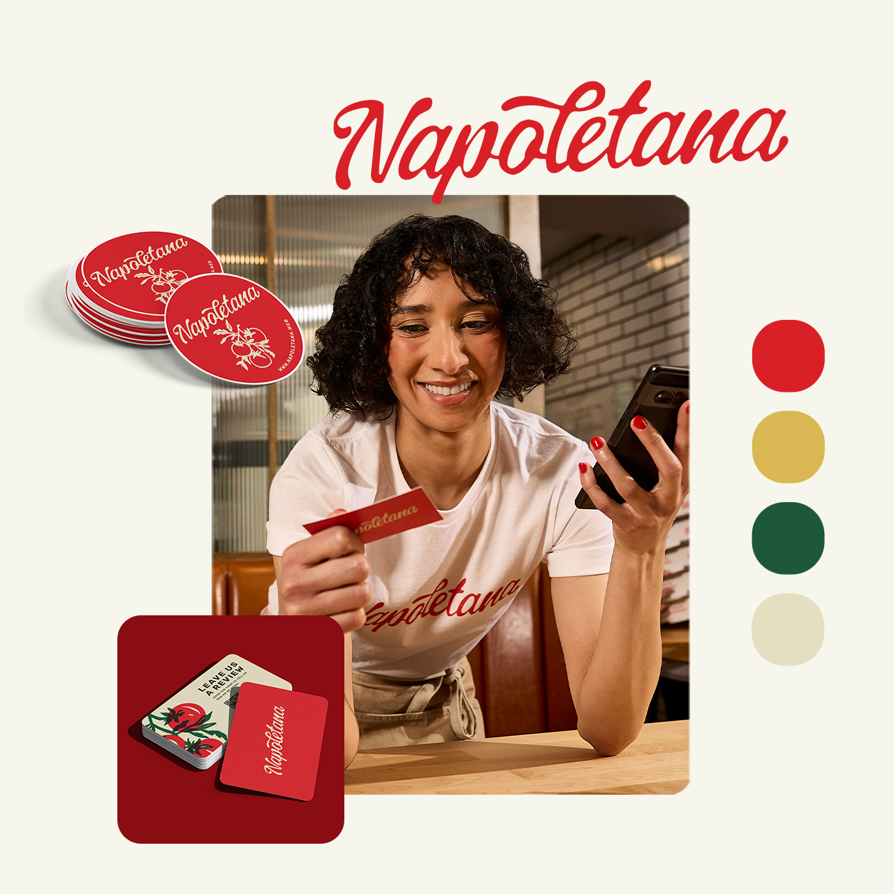 A woman with curly dark hair smiling at her phone and holding a red loyalty card with the word 'Napolitan' in a casual restaurant or cafe setting. The image includes red, gold, green, and beige color swatches and branding elements with the 'Napolitan' logo and stickers.