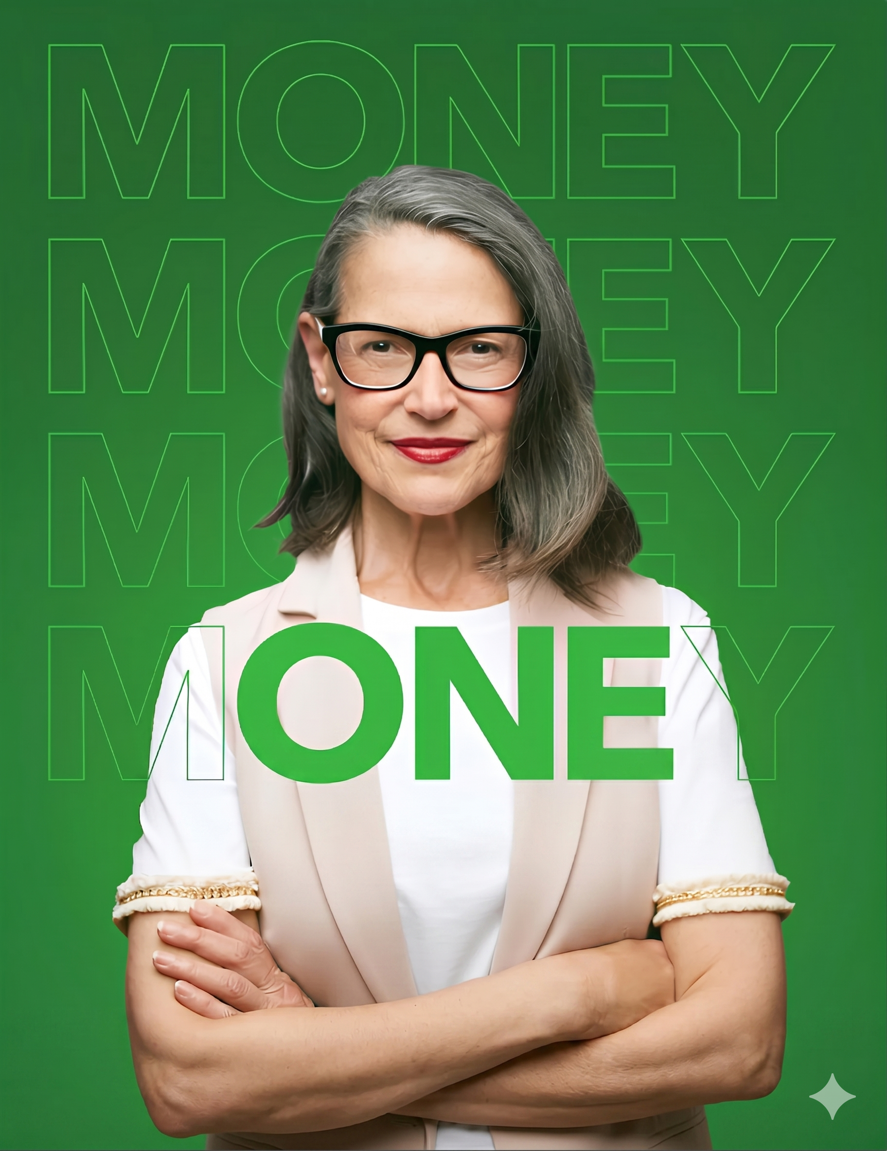 A woman with gray hair, wearing glasses and a beige blazer, standing with arms crossed against a green background that has the word 'MONEY' repeated. Large green text reading 'ONE' is also overlaid on her.