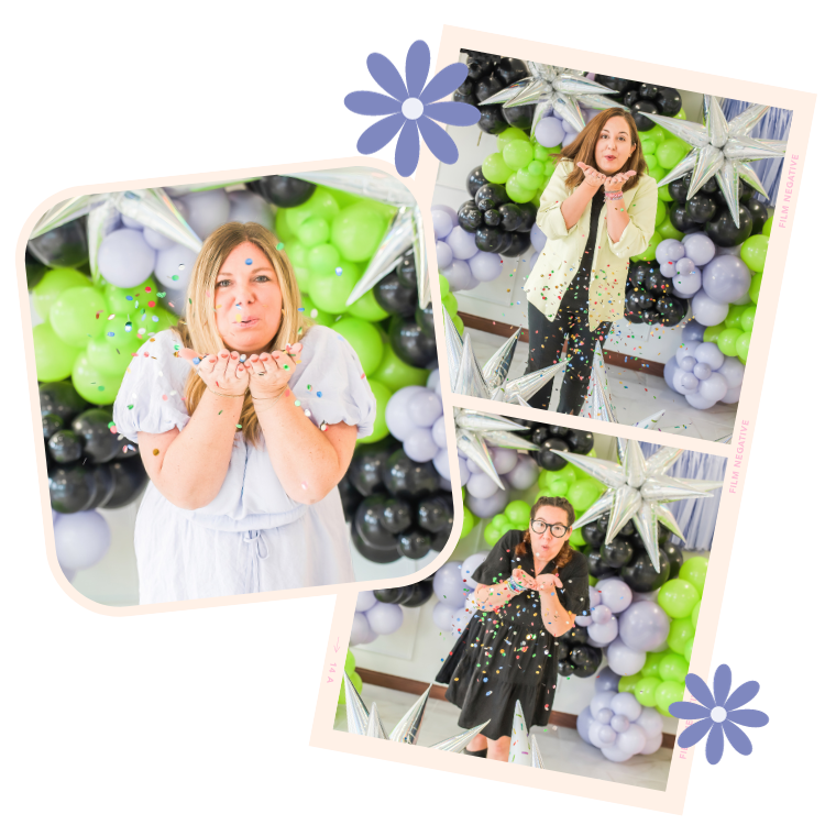Three women celebrating with balloons and confetti, making playful expressions, at a party or event.