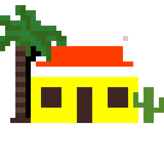 Pixel art house with red roof, yellow walls, and brown windows, next to a palm tree and a cactus in the background.