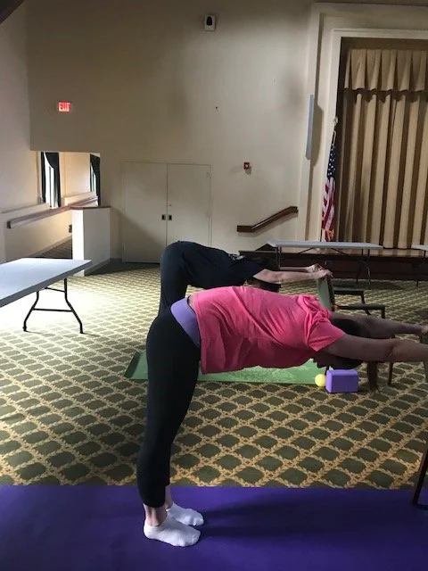 Two women practicing yoga in a room, both in downward dog position on mats, with one wearing a pink shirt and black pants, and the other wearing a black shirt and black pants.
