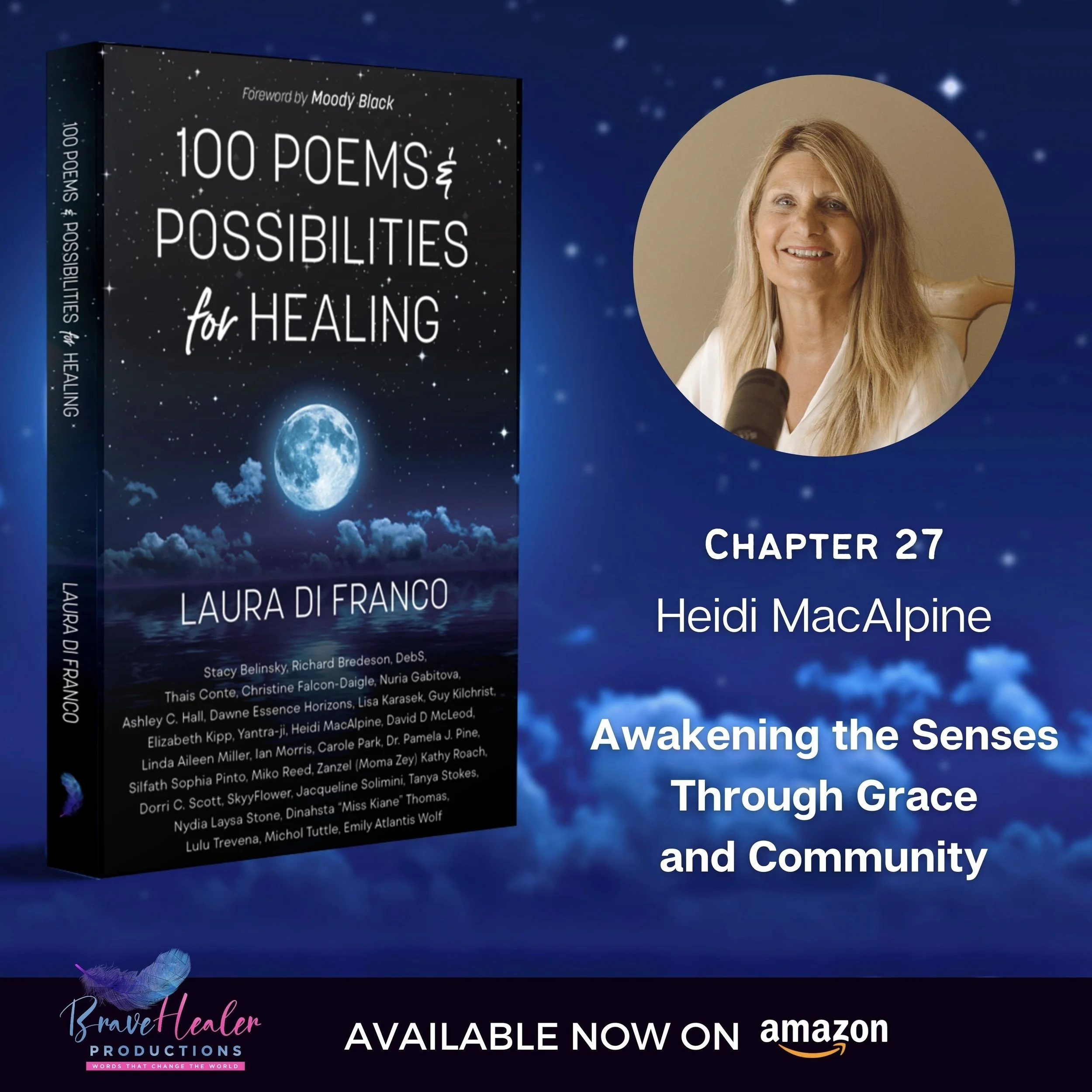 Book titled '100 Poems & Possibilities for Healing' by Laura Di Franco, with a celestial background and moon image, and a woman with blonde hair smiling inside a circle.