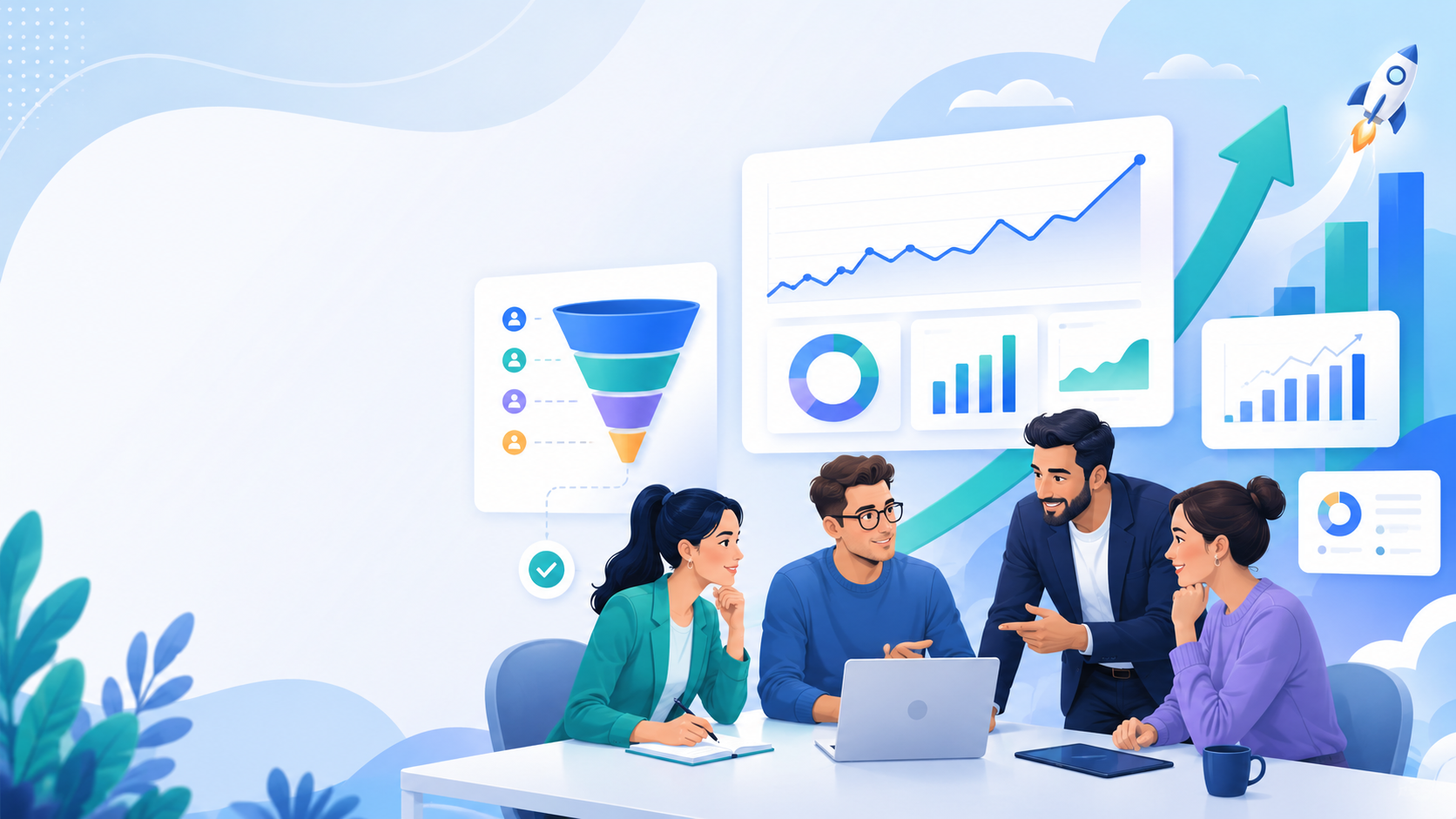  Three B2B marketing team members reviewing pipeline funnel data and growth charts, representing the strategy and analytics work a SaaS marketing agency provides 