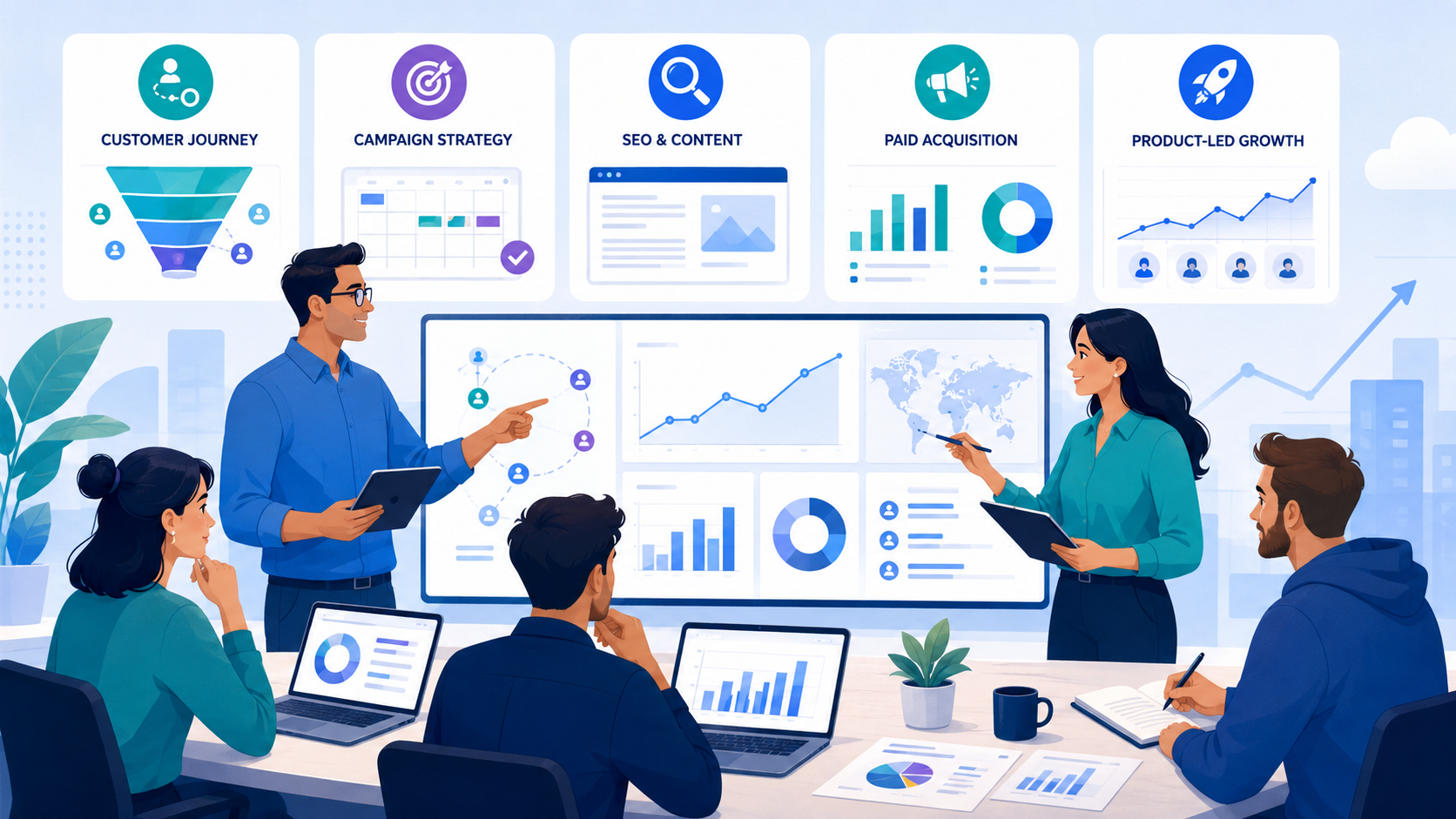  B2B marketing agency team presenting a full-service strategy covering customer journey, campaign strategy, SEO and content, paid acquisition, and product-led growth across dashboards and analytics 