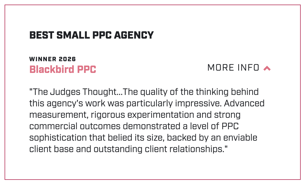U.S. Search Awards 2026 Best Small PPC Agency winner card for Blackbird PPC