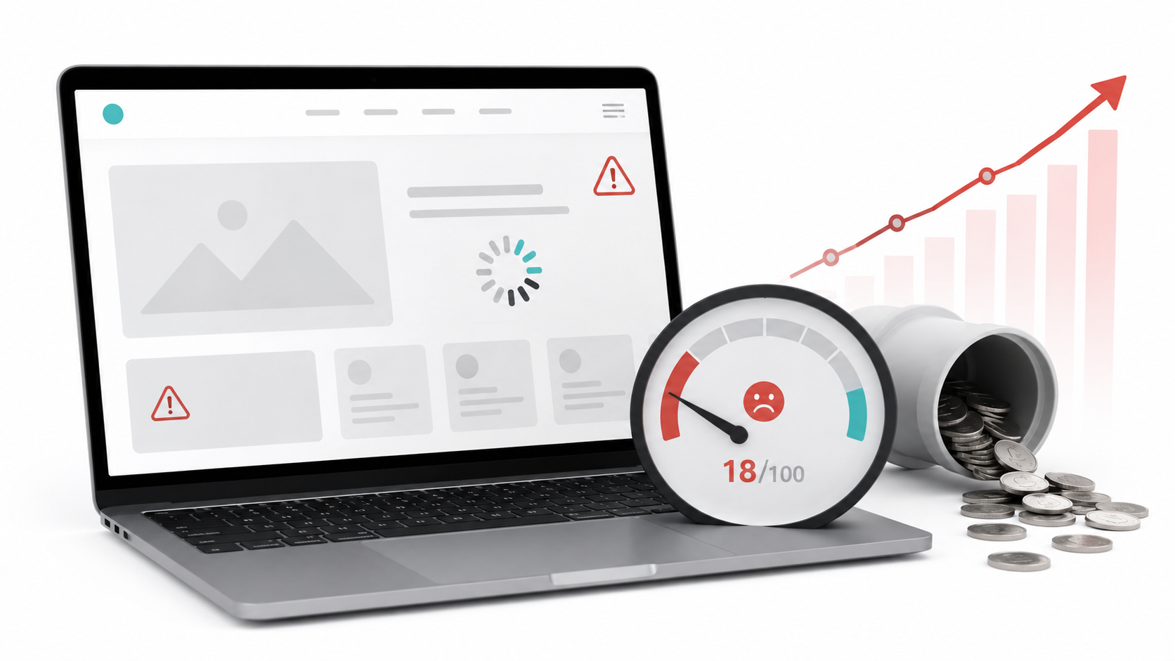A website with a poor performance score of 18 out of 100 causing rising paid advertising costs, illustrating how a slow and broken site increases cost per lead