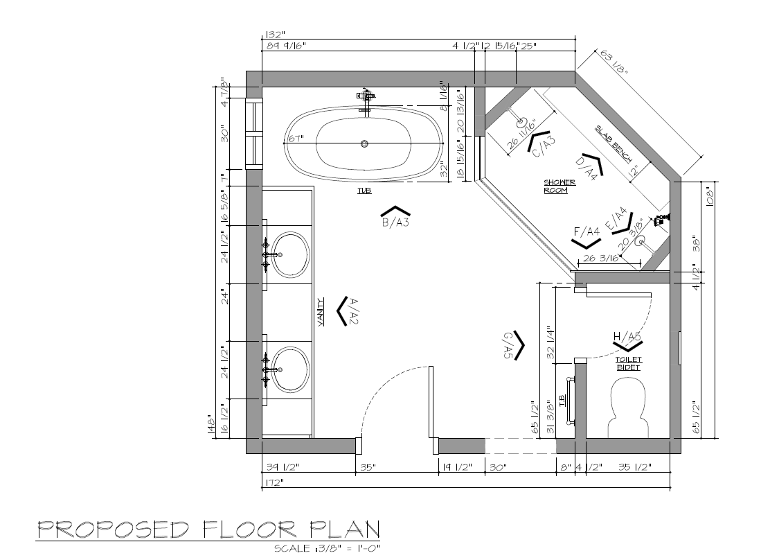 Architectural floor plan of a bathroom featuring a bathtub, toilet, two sinks, and a shower area with an irregular wall layout, with measurements and labels for construction.