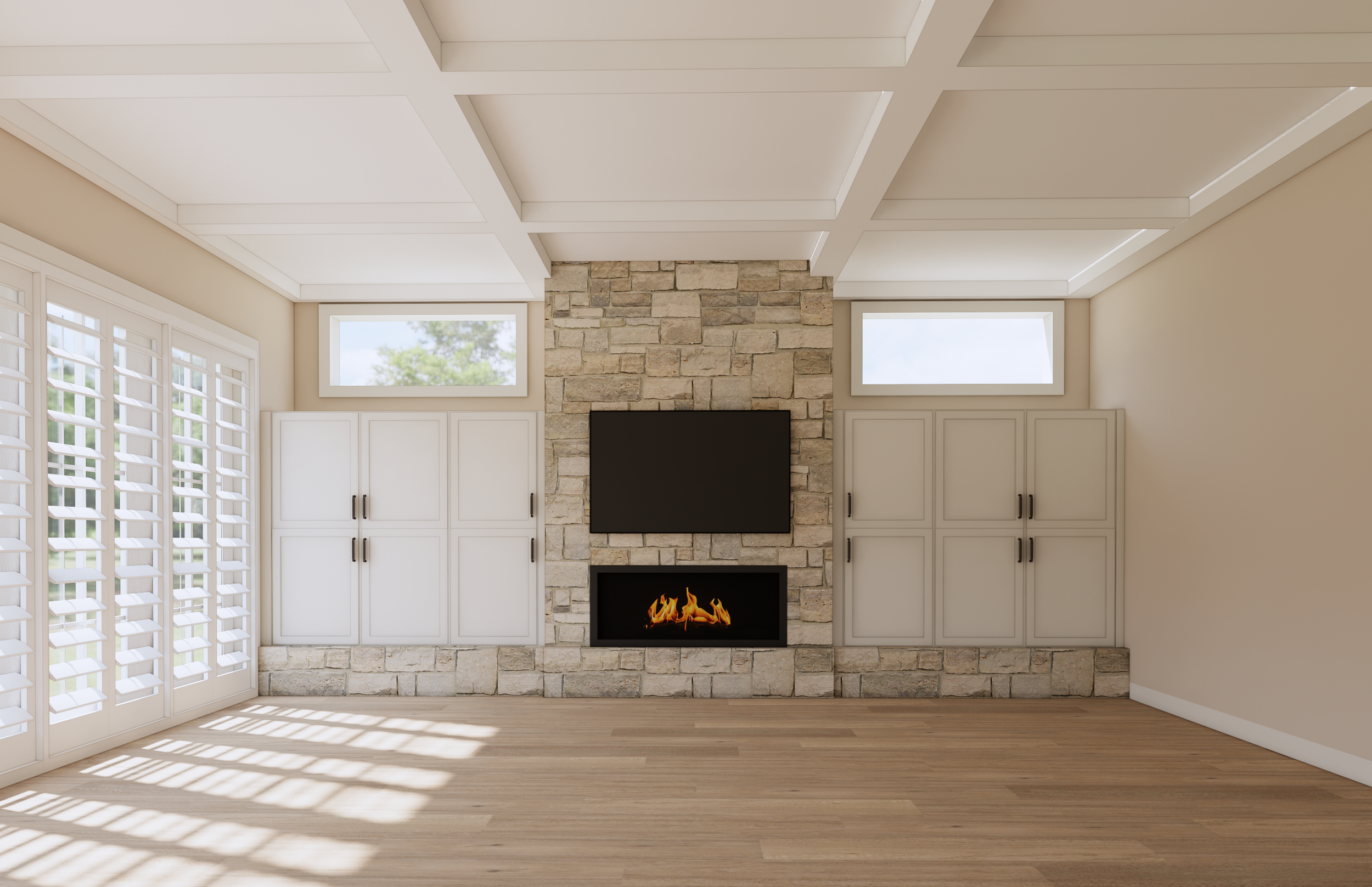 Living room with white cabinets, stone fireplace with a fire, TV mounted above the fireplace, and two windows with shutters letting in natural light.