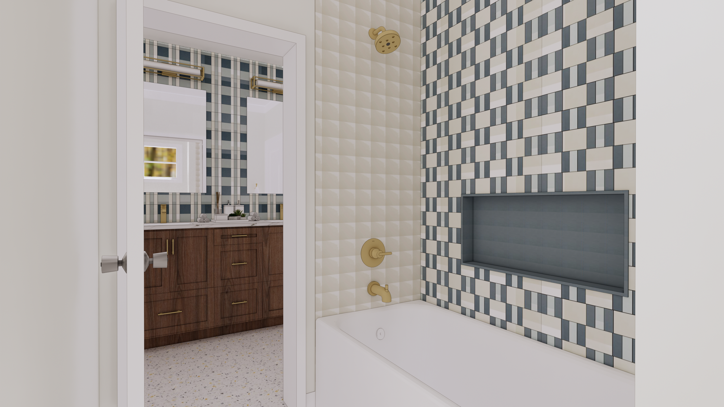 Bathroom with a bathtub, a recessed shelf on the wall, gold fixtures, and a view into a vanity area with a mirror, wooden cabinetry, and a window.