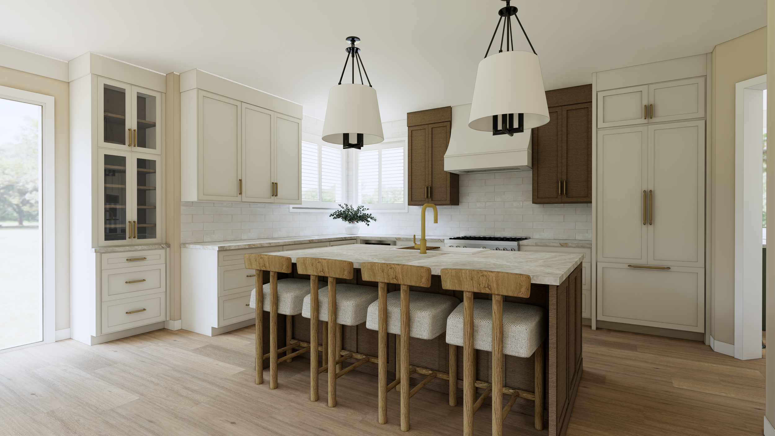 Modern kitchen with white and wooden cabinetry, a marble island with bar chairs, pendant lights, and large windows.