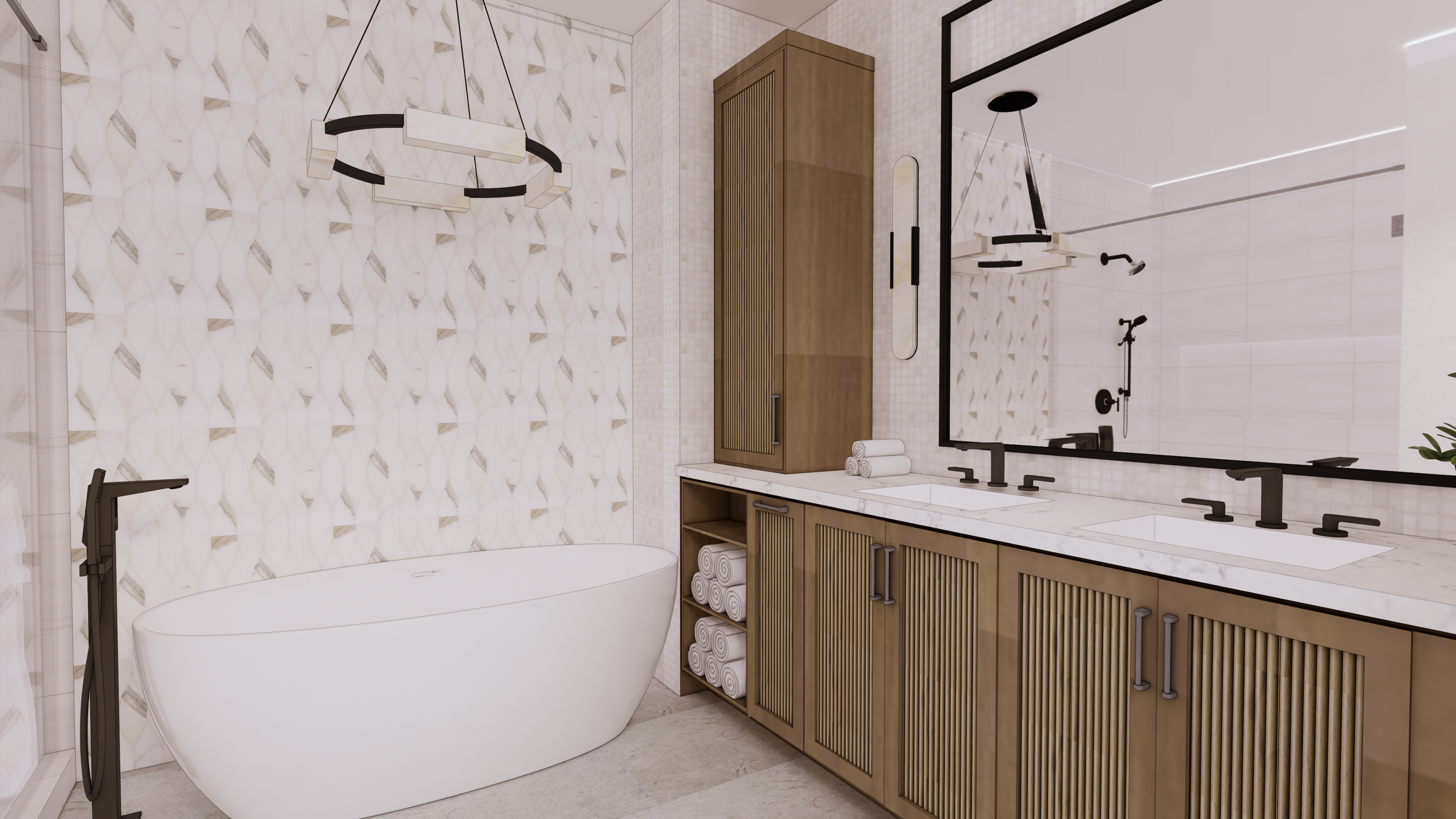 Modern bathroom with a freestanding bathtub, a large mirror, wooden cabinets, and black fixtures, including a double sink, faucets, and showerheads.
