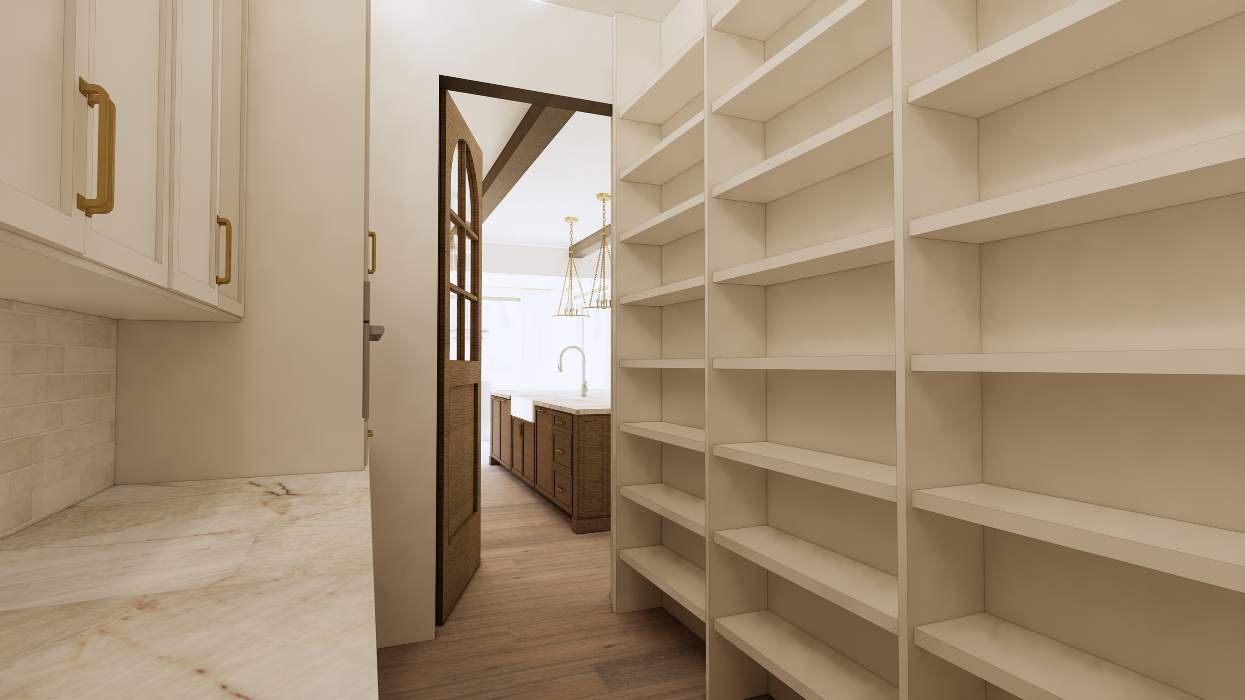 Empty white shelving units in a pantry or closet with a view into a kitchen area with a sink and windows.