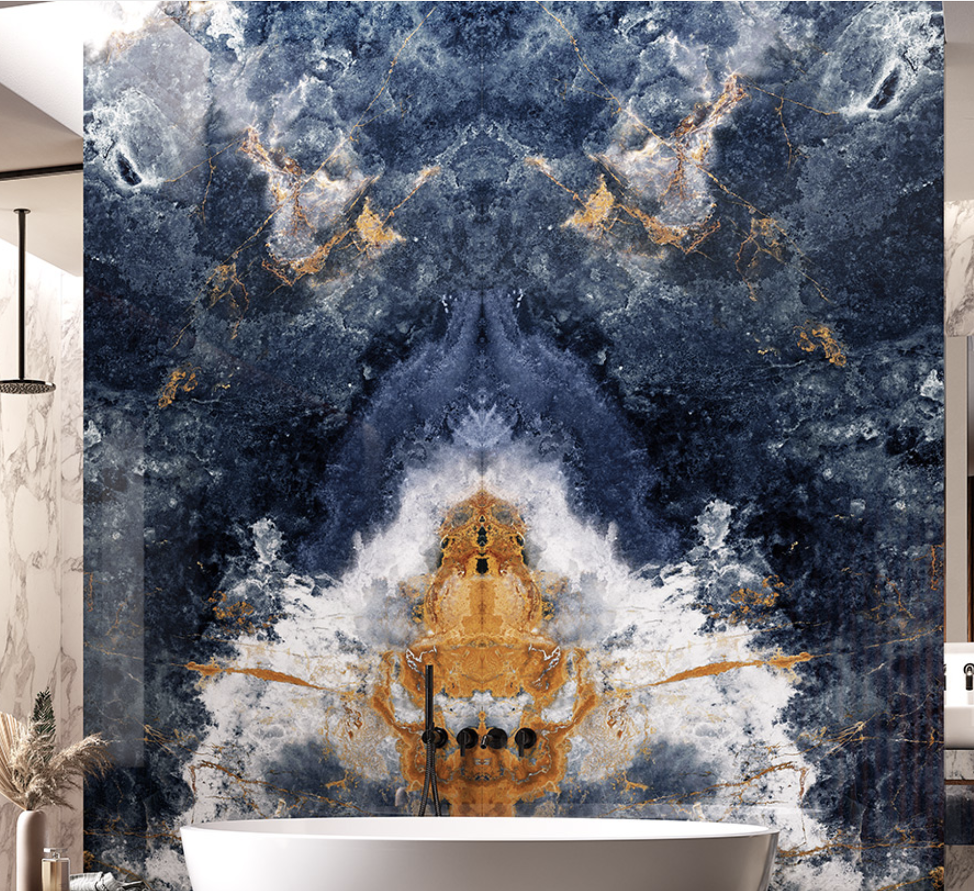 Bookmatched Ocean Blue gauged porcelain slabs from Infinity Surfaces