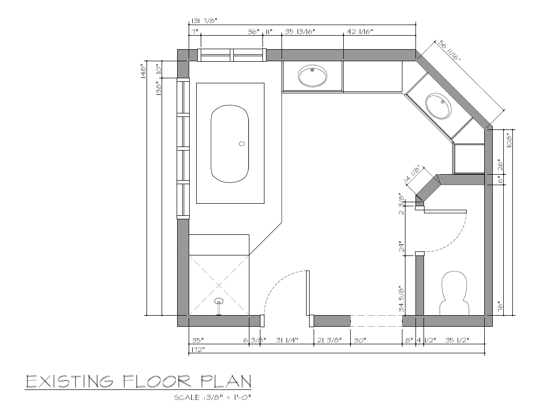 Architectural floor plan of a bathroom showing room dimensions, bathtub, toilet, and sinks.