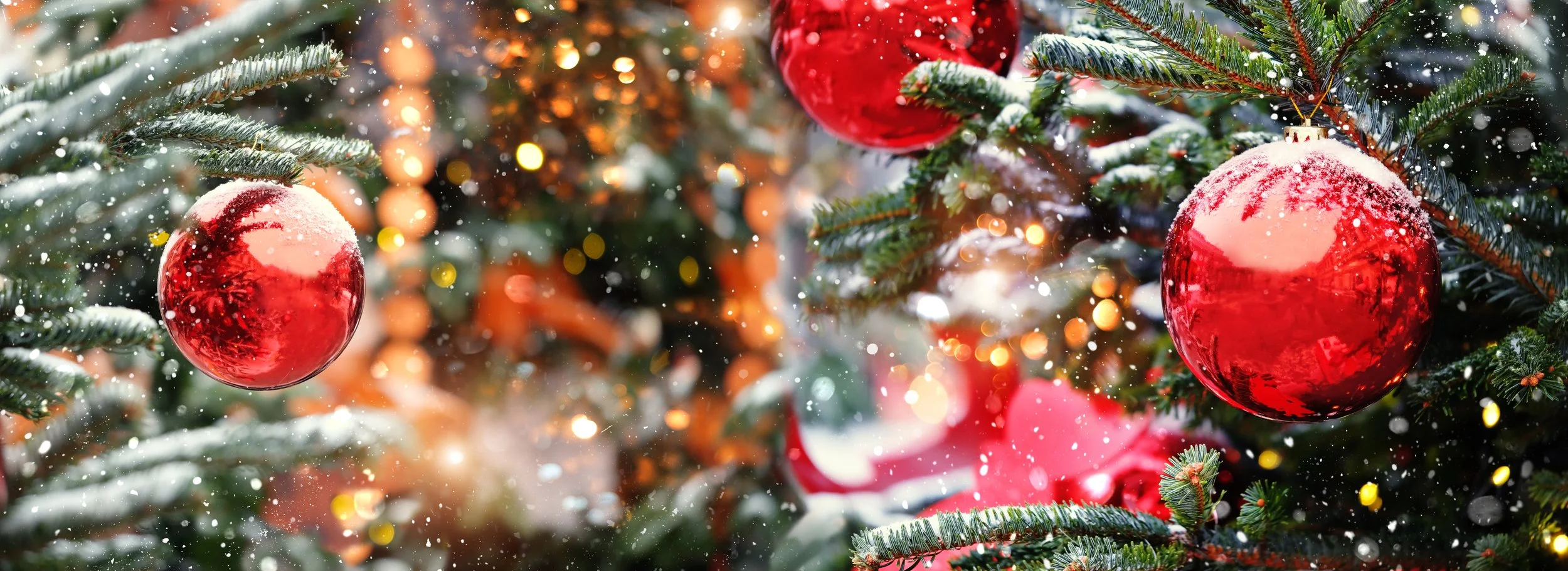 Red Christmas ornaments on a snow-dusted pine tree with blurred colorful holiday lights in the background.