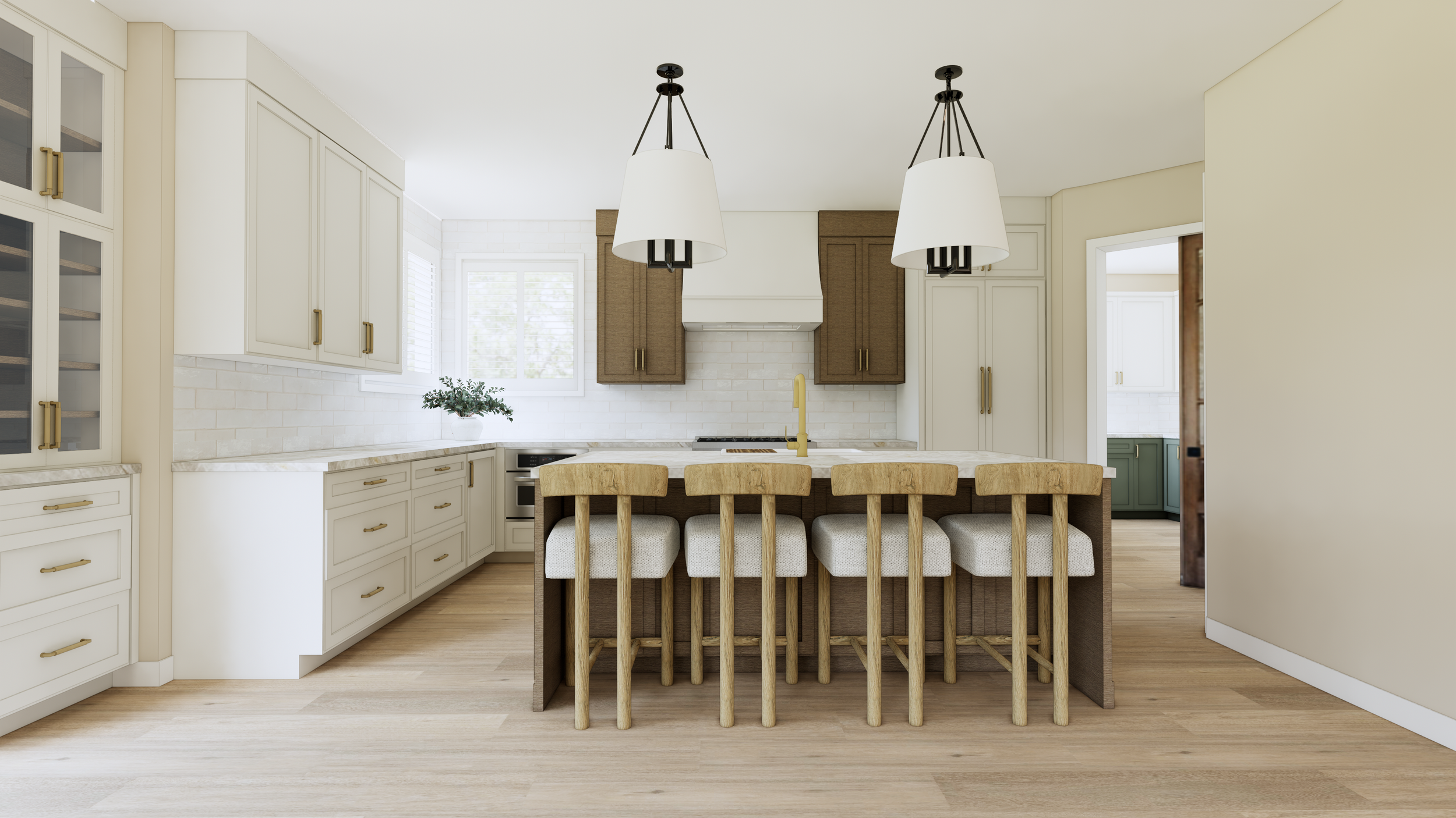 Modern kitchen with white upper cabinets, brown lower cabinets, a kitchen island with beige bar stools, and pendant lights hanging above.