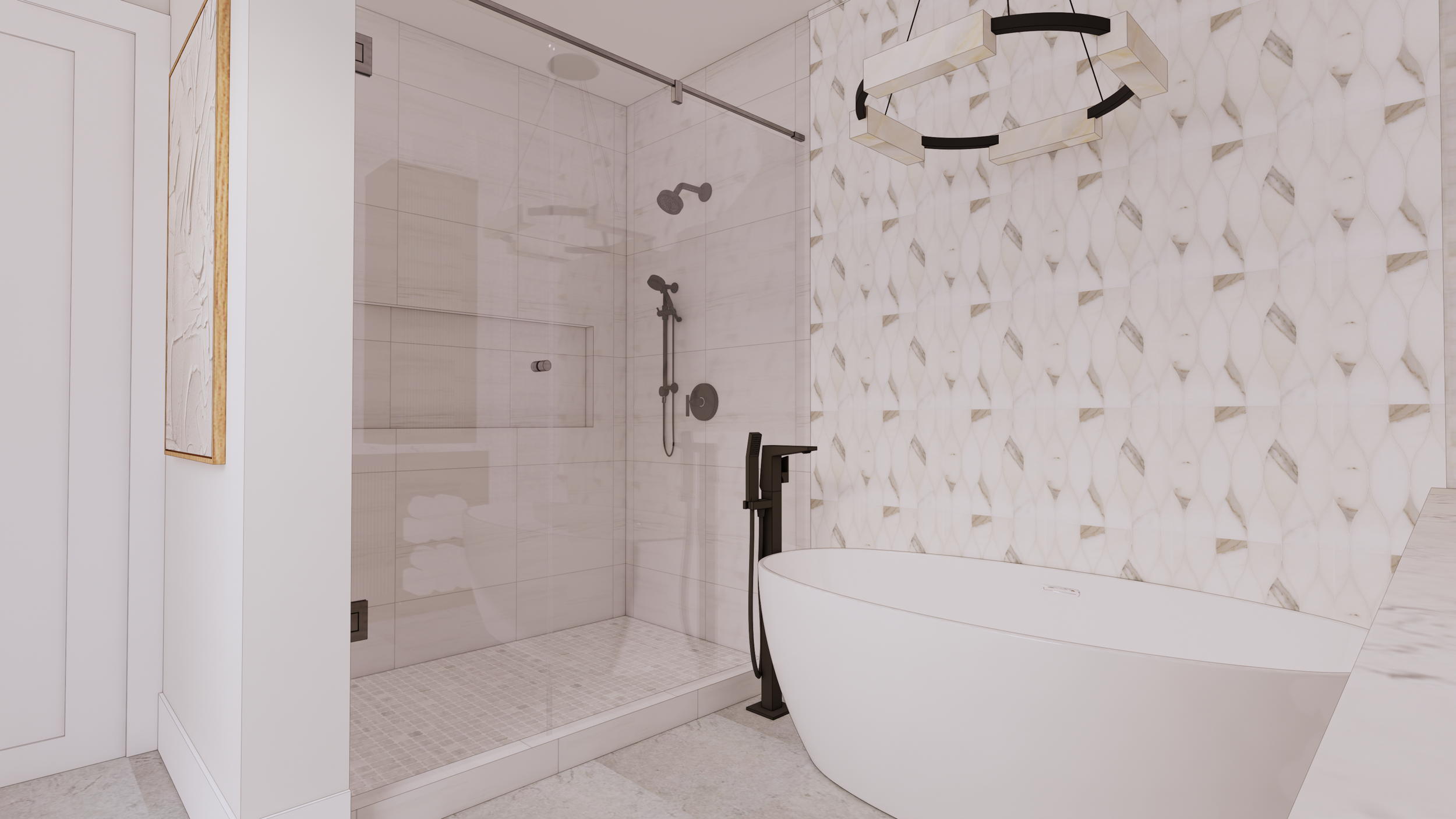 Modern bathroom with a walk-in shower featuring black fixtures and a glass enclosure, along with a freestanding bathtub, a decorative circular ceiling light, and a patterned tile wall.