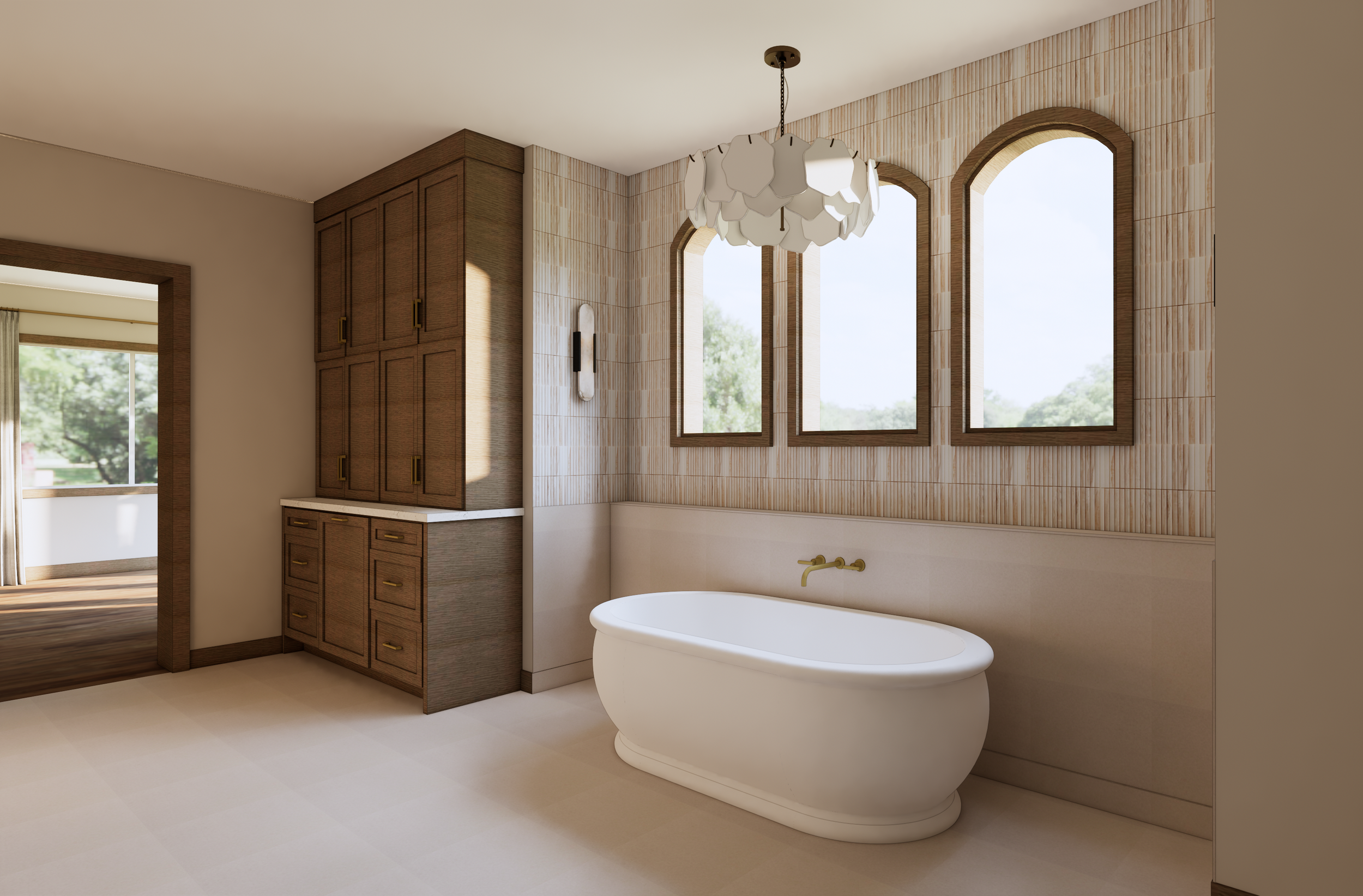 A modern bathroom featuring a white bathtub, a wooden storage cabinet, and three arched windows with wooden frames letting in natural light.