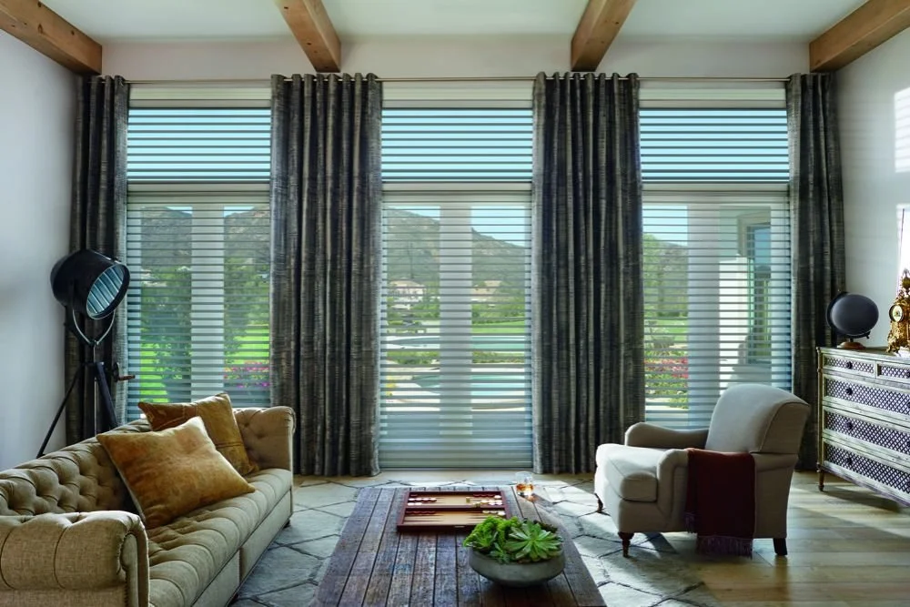 Image via Hunter Douglas Silhouette Window Shadings paired with coordinating side panels or drapery.