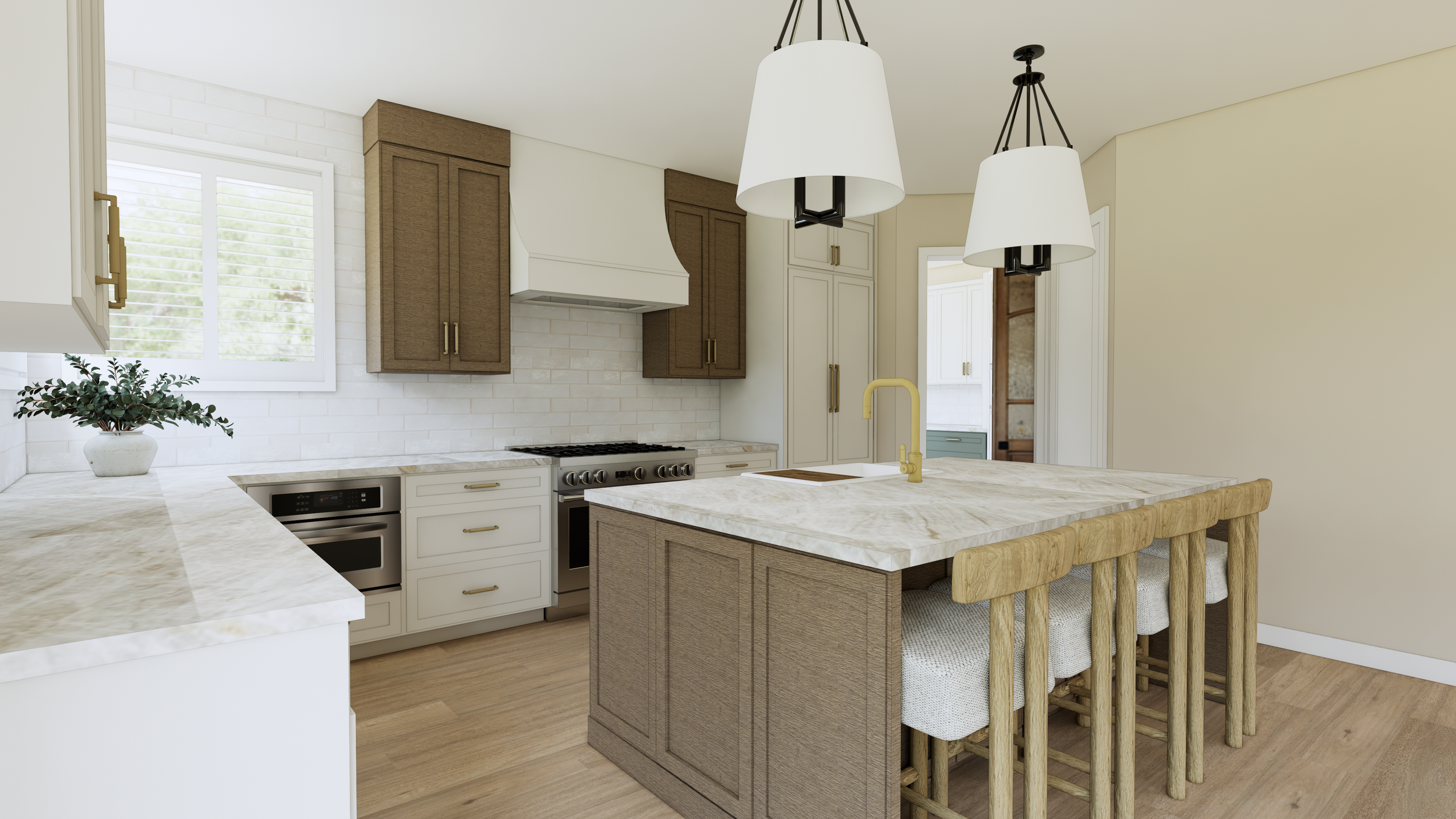 A modern kitchen with a white marble island, beige and brown cabinetry, a white stove with a vent hood, a window with white blinds, pendant lights, a potted plant, and a beige wall.