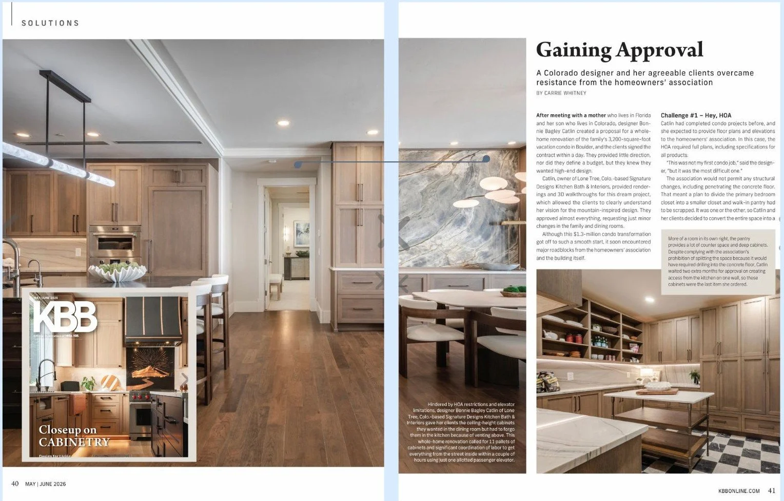 Magazine spread with images of modern kitchen and dining area, and an inset close-up of kitchen cabinetry, with articles about home renovation and gaining approval from homeowners.
