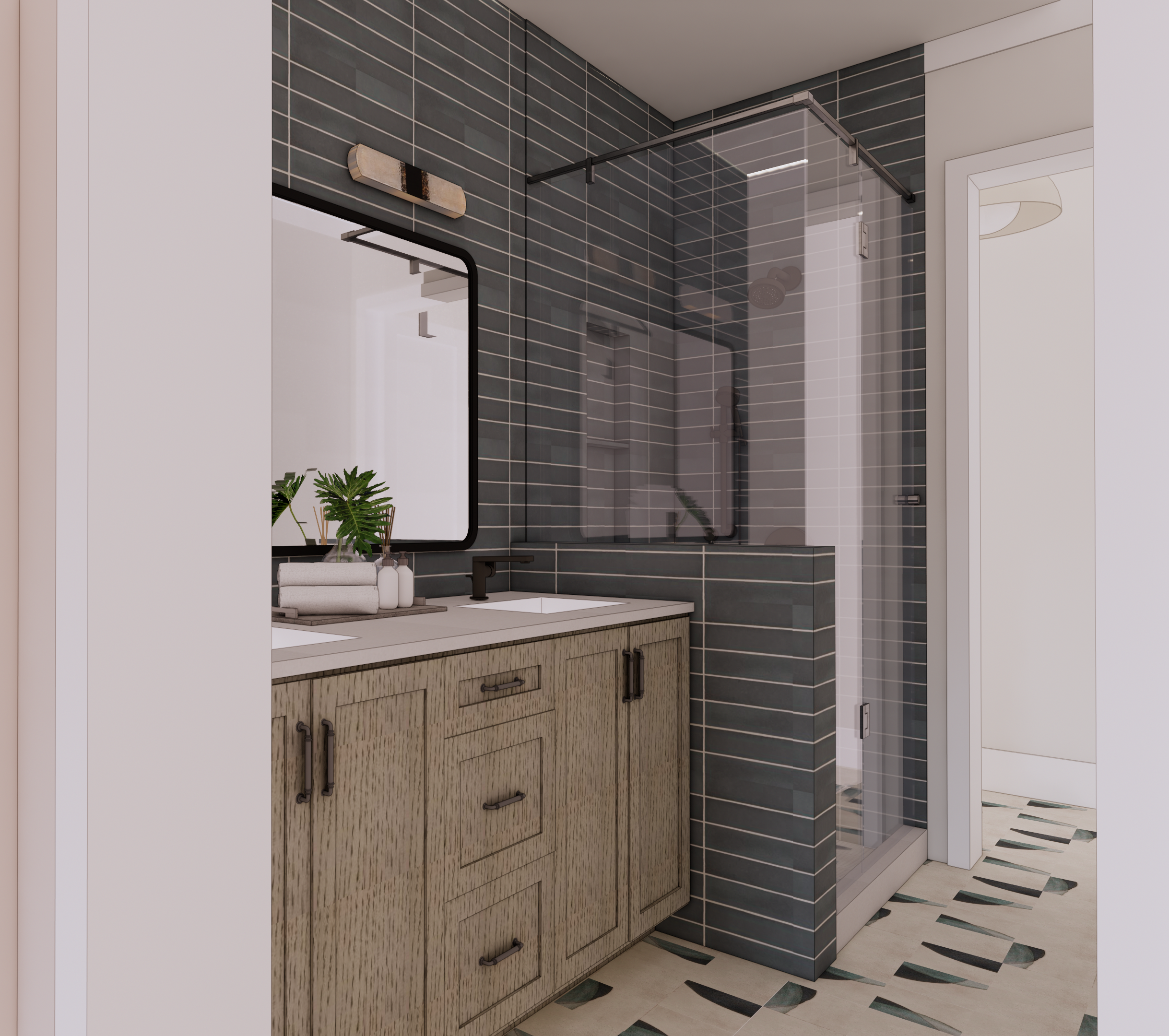 Modern bathroom with a wooden vanity, black faucet, rectangular mirror, green plants, and a glass-enclosed shower with dark gray tiles.