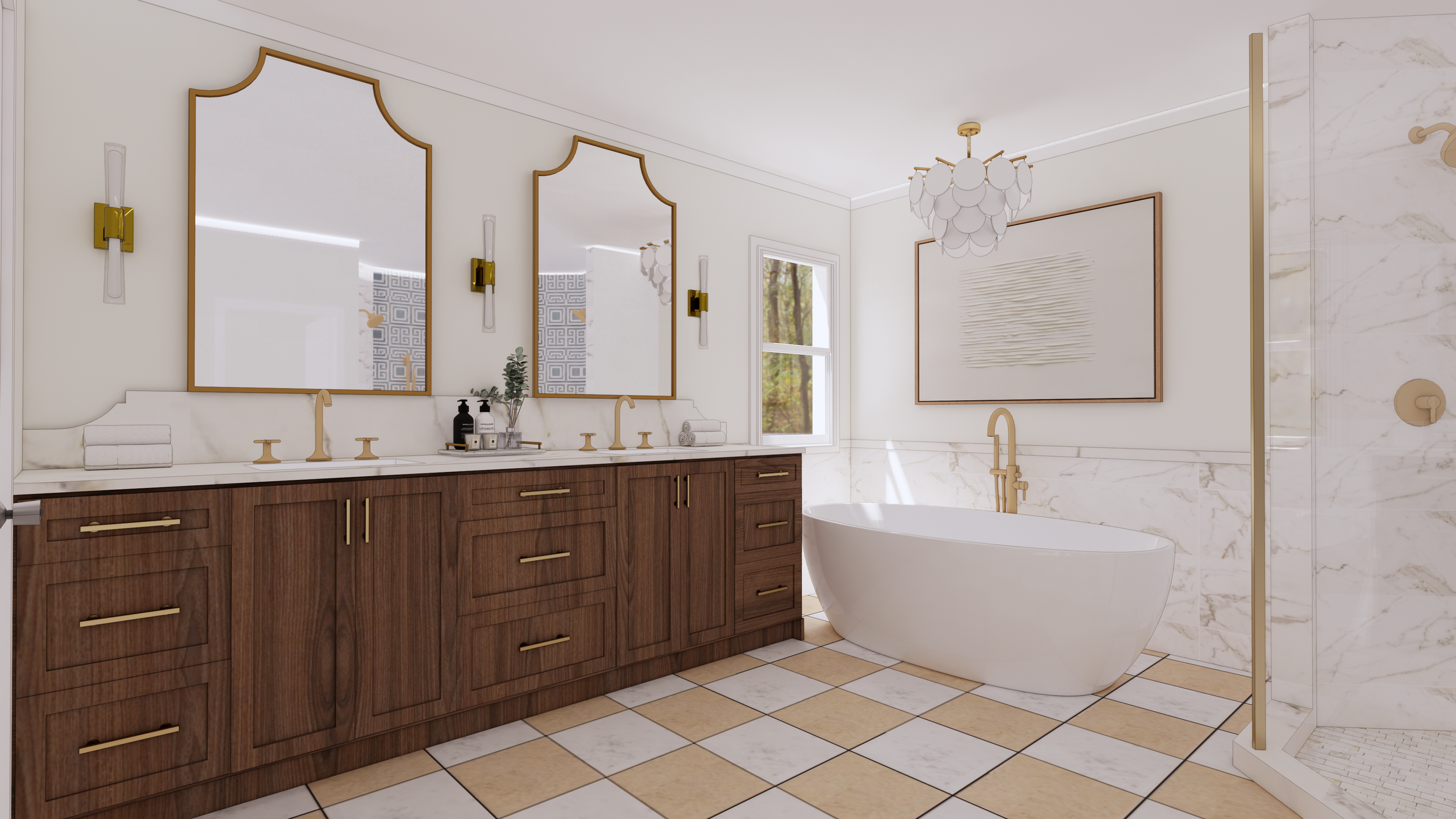 A luxurious bathroom with a large double vanity with wooden cabinets, a marble countertop, and gold fixtures, three mirrors, a white bathtub near a window, and a decorative chandelier.