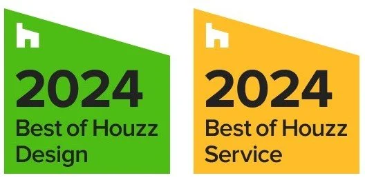 Two award badges, one green and one orange, each with the Houzz logo and the year 2024. Green badge says "Best of Houzz Design," and orange badge says "Best of Houzz Service."