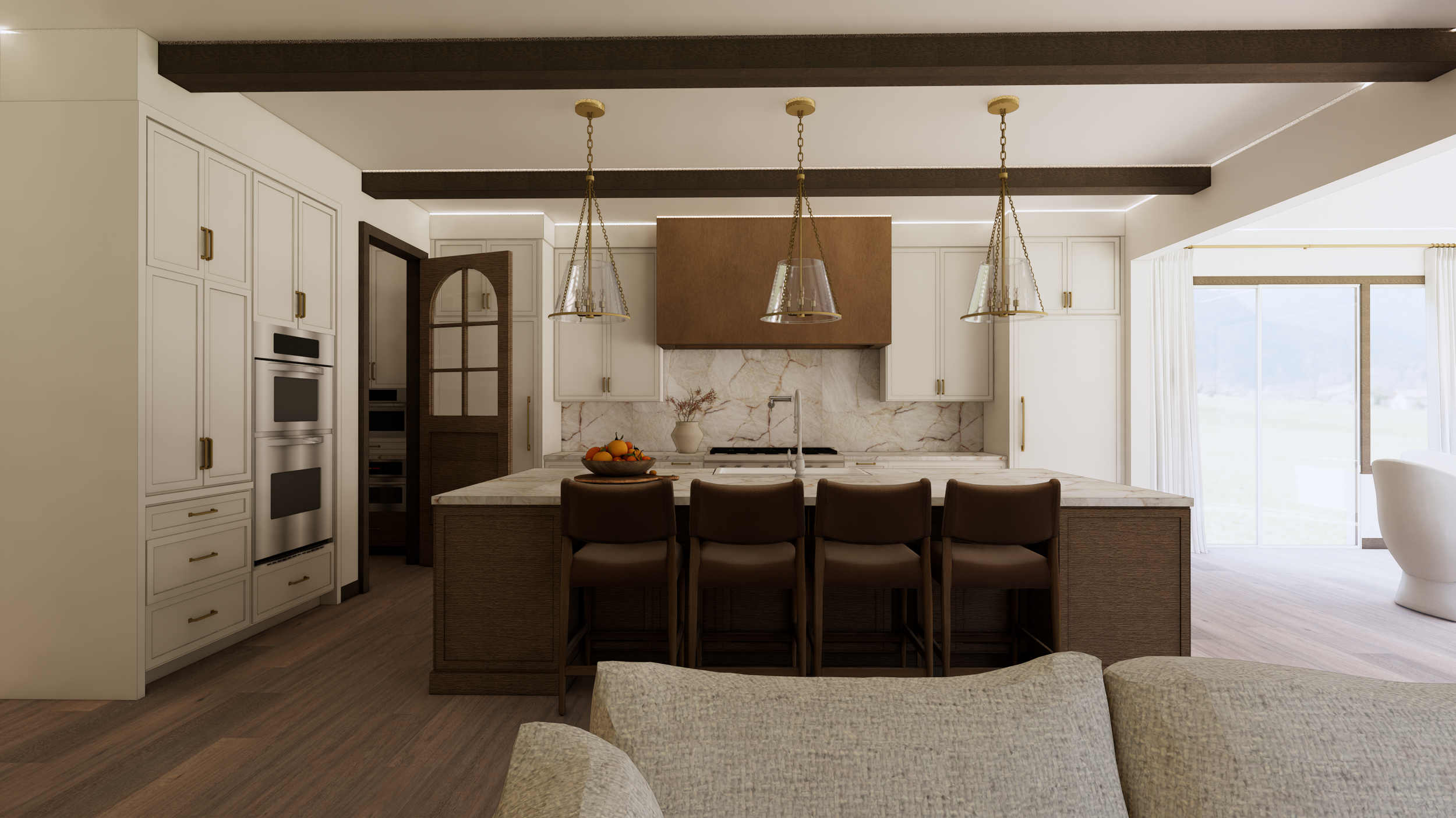 Modern kitchen with white cabinets, marble backsplash, and a central island with brown chairs. Gold pendant lights hang above the island. Large window with curtains on the right, and a doorway with a glass-paneled wooden door on the left.